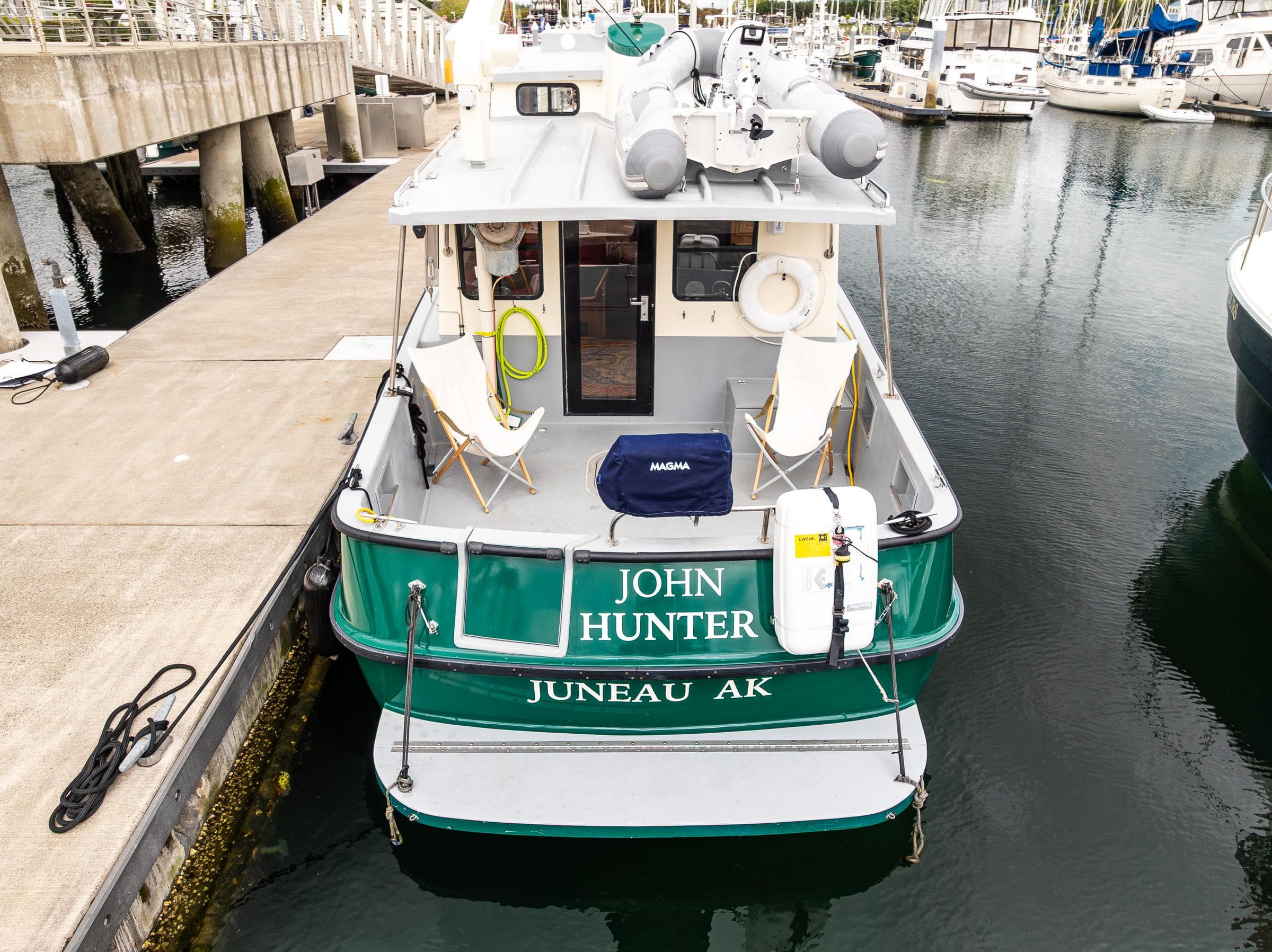 Nordic Tug 37, 2000 model, docked at marina, Juneau, Alaska.