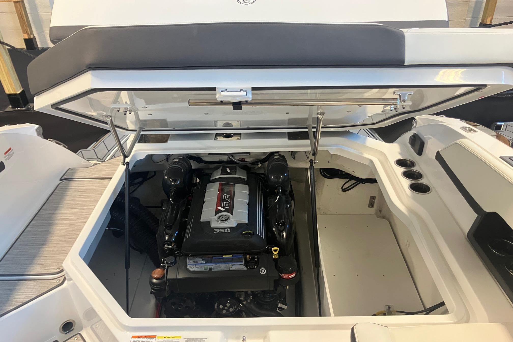 2026 Cobalt R6 boat engine compartment with 6.2L 350 horsepower engine.