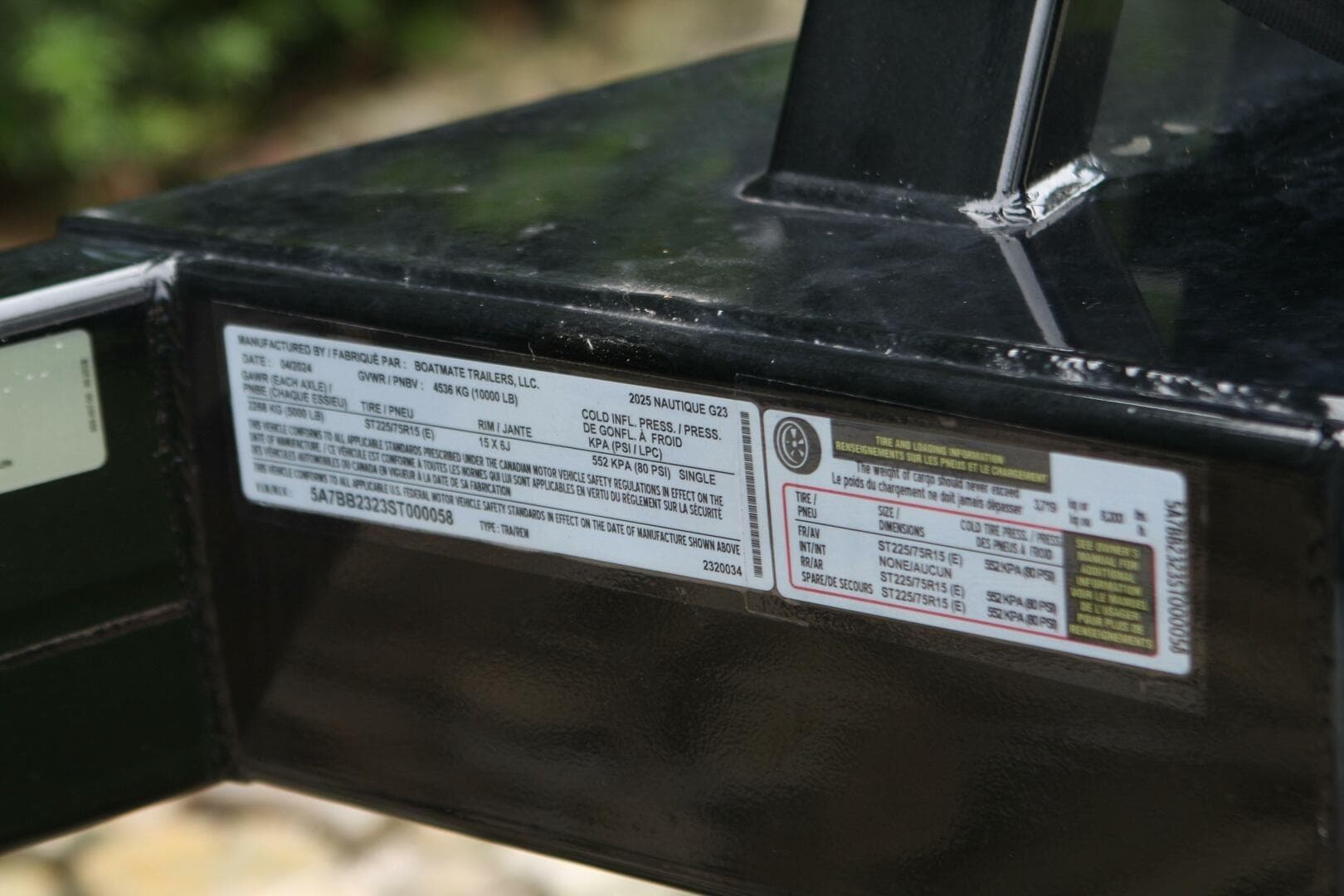 Label on 2024 Nautique Super Air Nautique G23 trailer, detailing specifications and tire information.