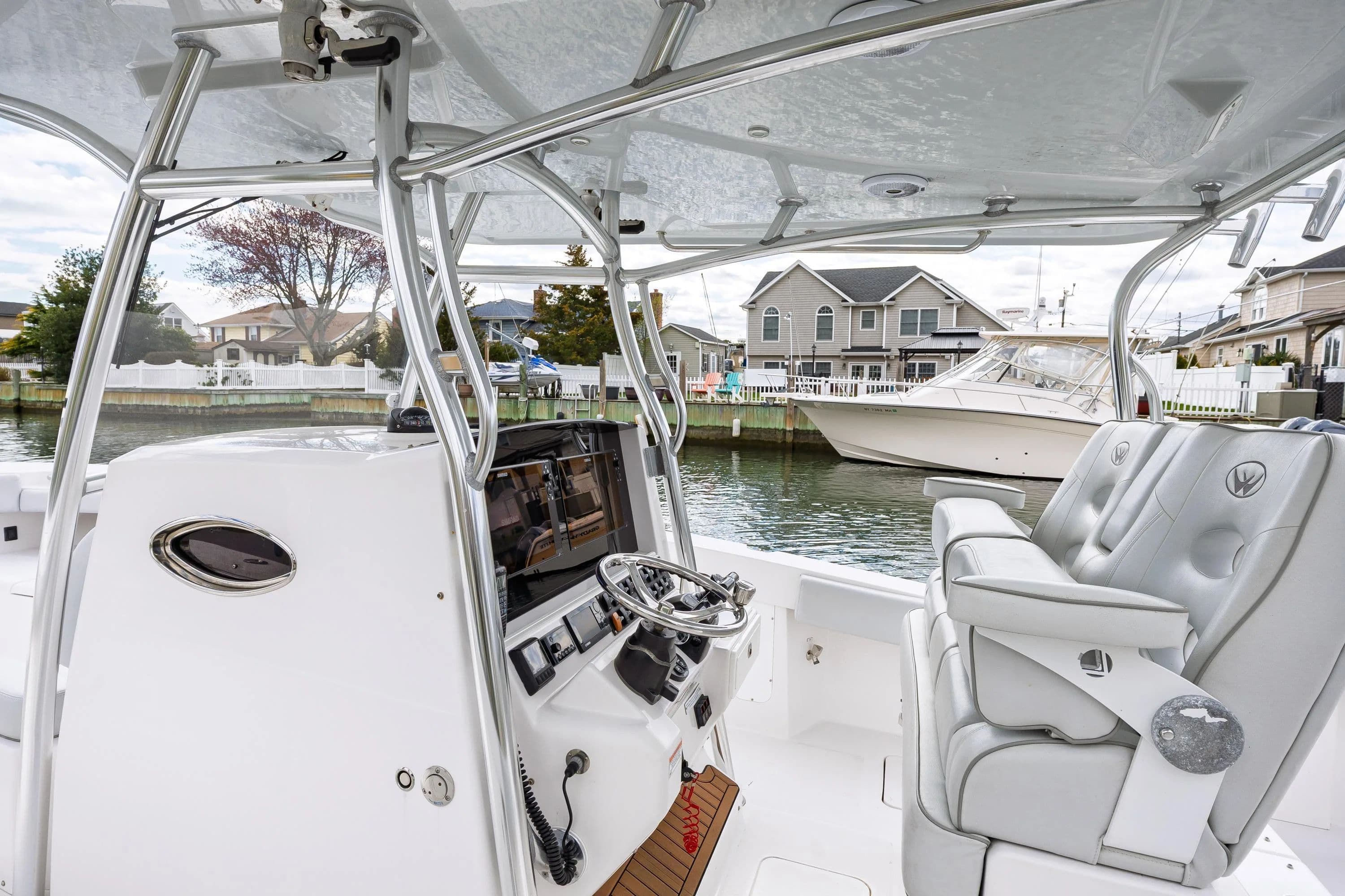 Interior view of a 2018 Southport 29 FE boat at the dock.