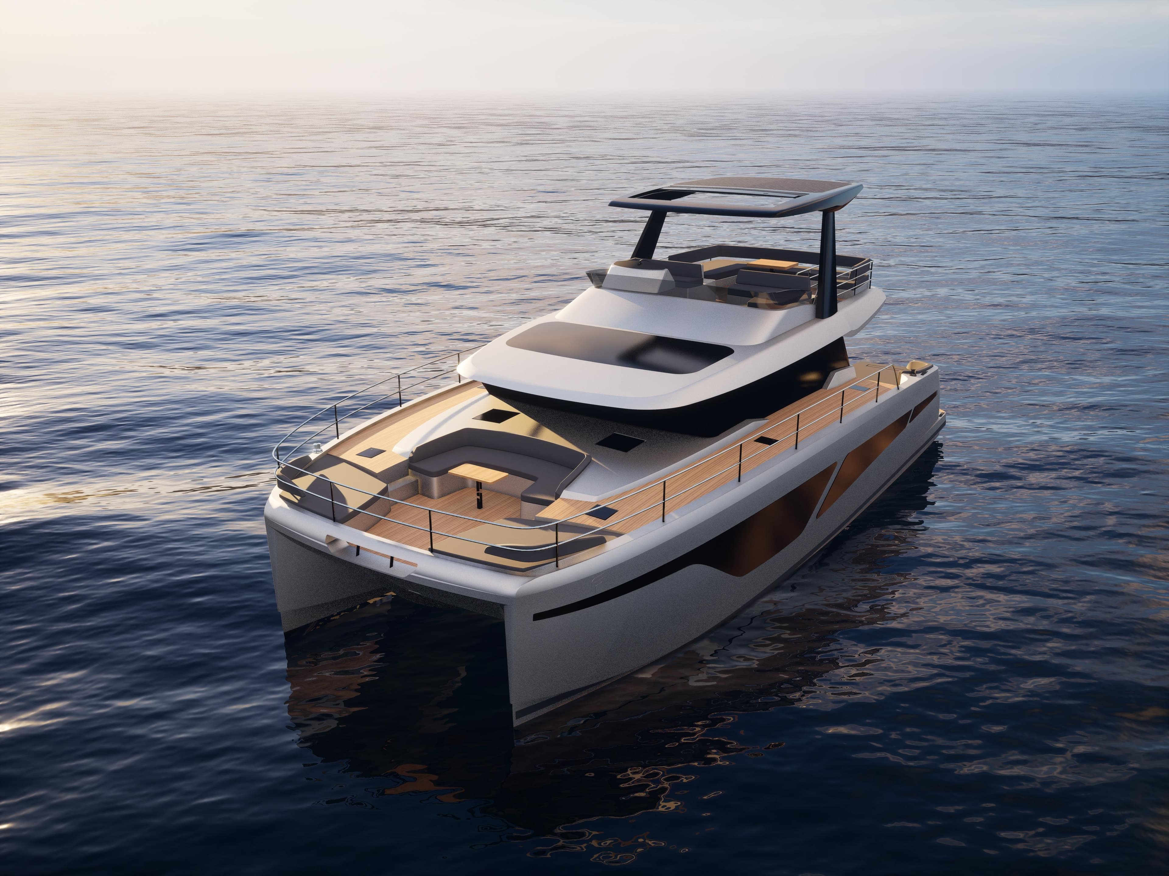 Luxury Veya 53 yacht, 2026 model, cruising on calm ocean waters at sunset.