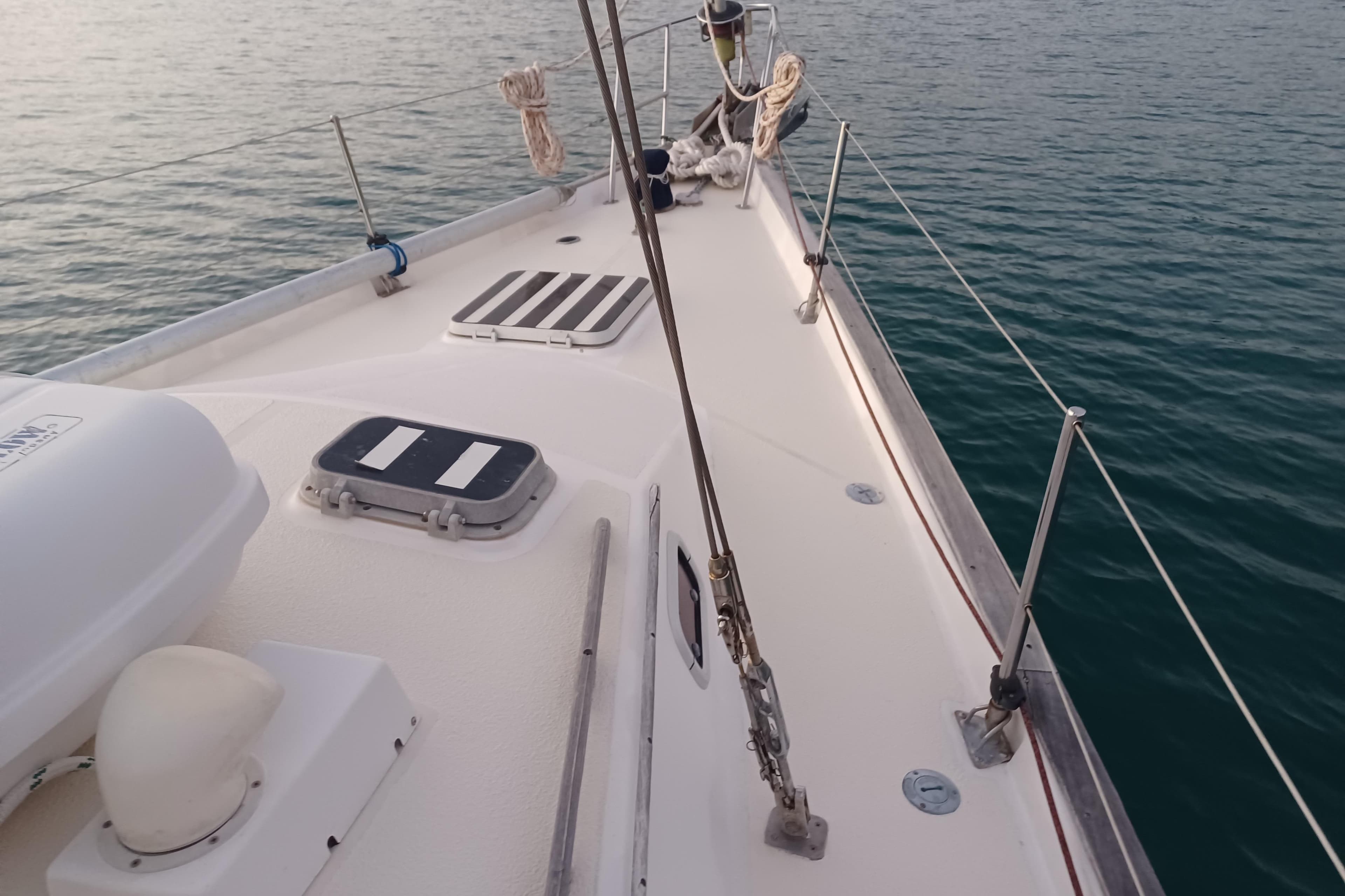 Deck of a 1987 Catalina Morgan 43 yacht on calm waters.