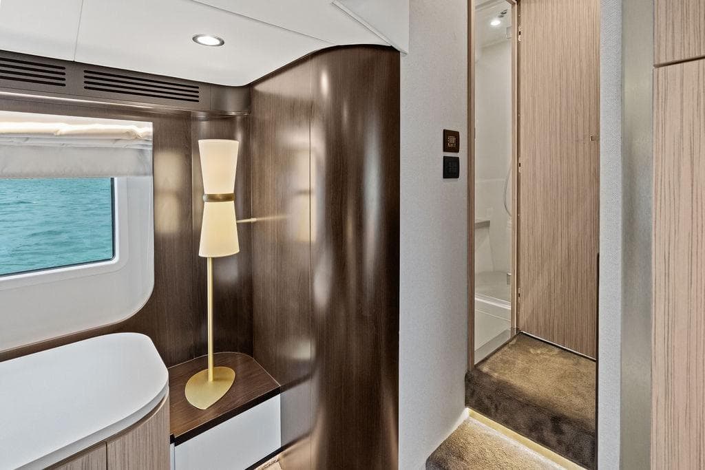 Luxurious interior of a 2019 Azimut yacht with modern design and elegant lighting.