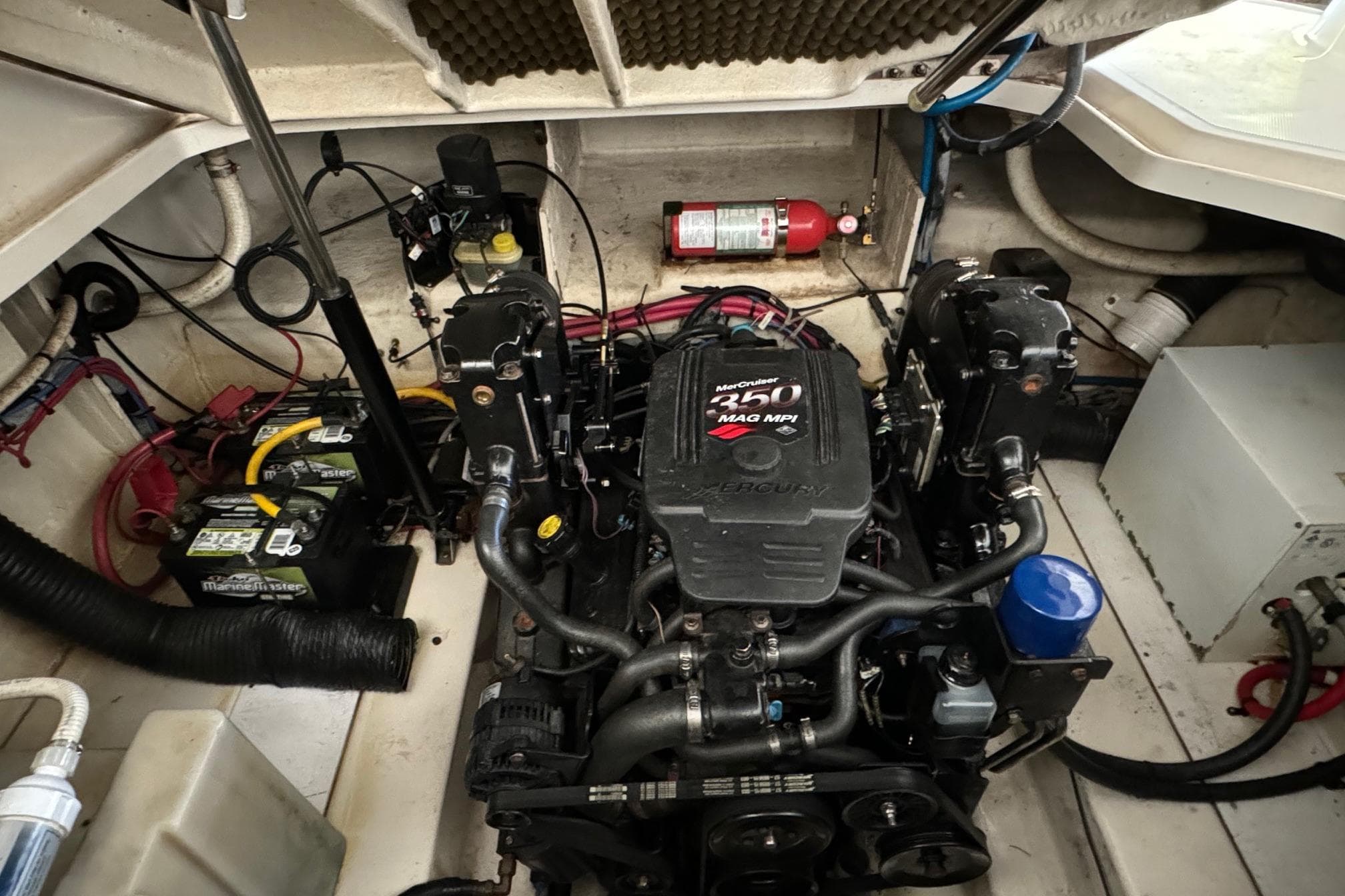 Engine compartment of a 2007 Sea Ray 260 Sundancer with MerCruiser 350 MAG MPI.