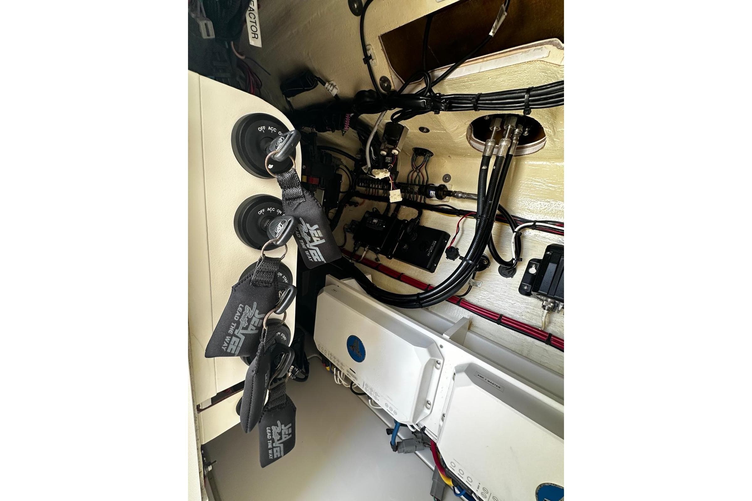 Interior view of 2022 SeaVee 390Z boat showing wiring and control systems.