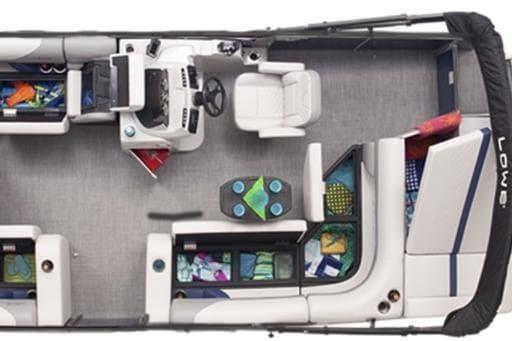 2026 Lowe SS 210 pontoon boat interior with seating and storage compartments.