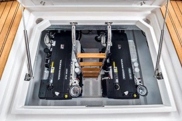 2021 OKEAN FB Motor Yacht engine compartment with dual Volvo Penta engines.