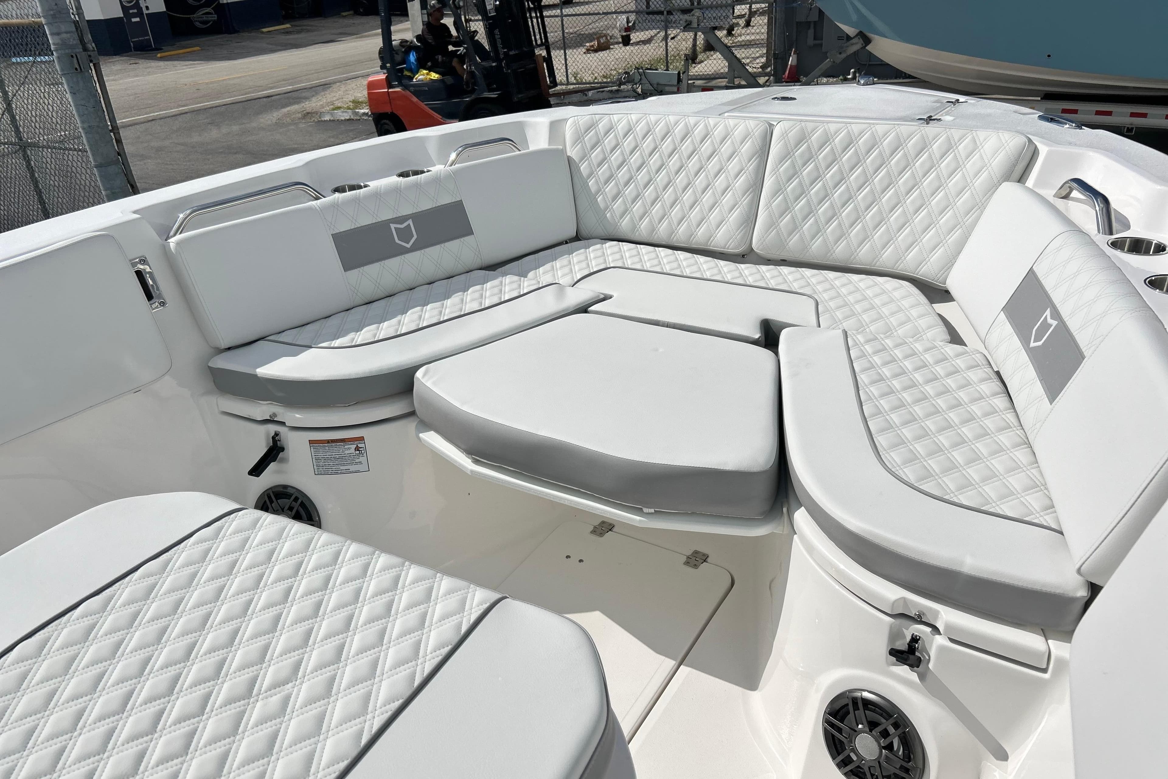 2026 Sea Fox 268 Commander boat interior with luxurious quilted seating.