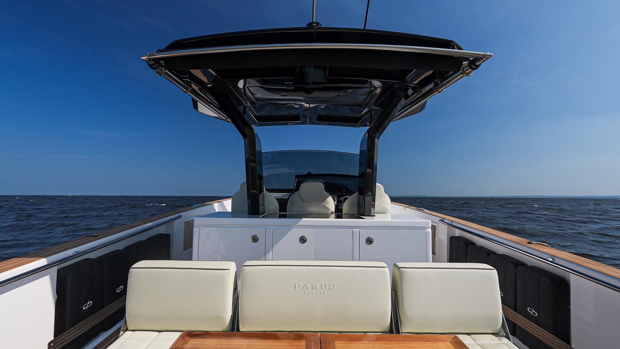 2025 Pardo Yachts 38 Walkaround on open water, showcasing sleek design and luxury features.