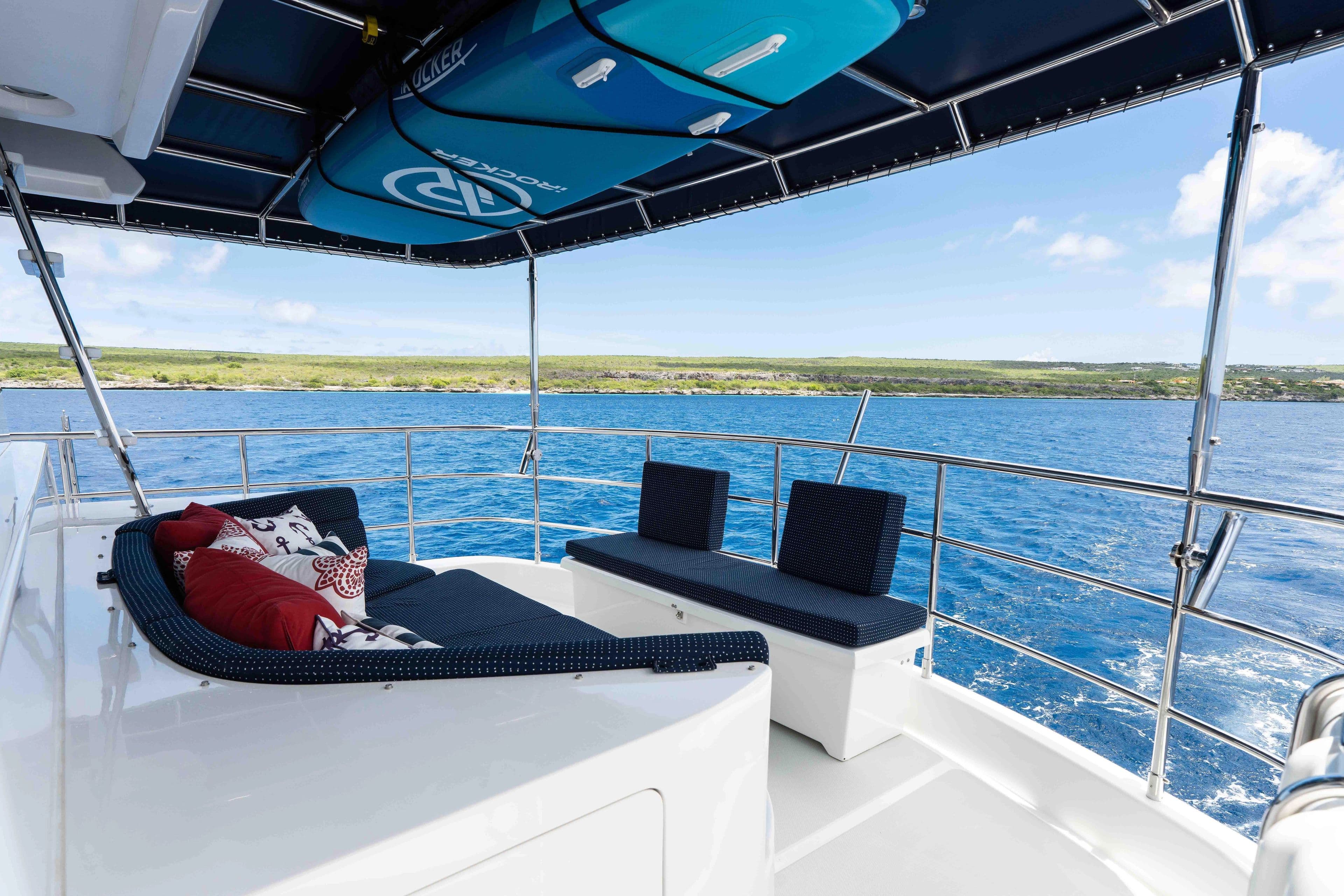 Luxurious deck of Nordhavn 63 yacht, 2022, with ocean view.