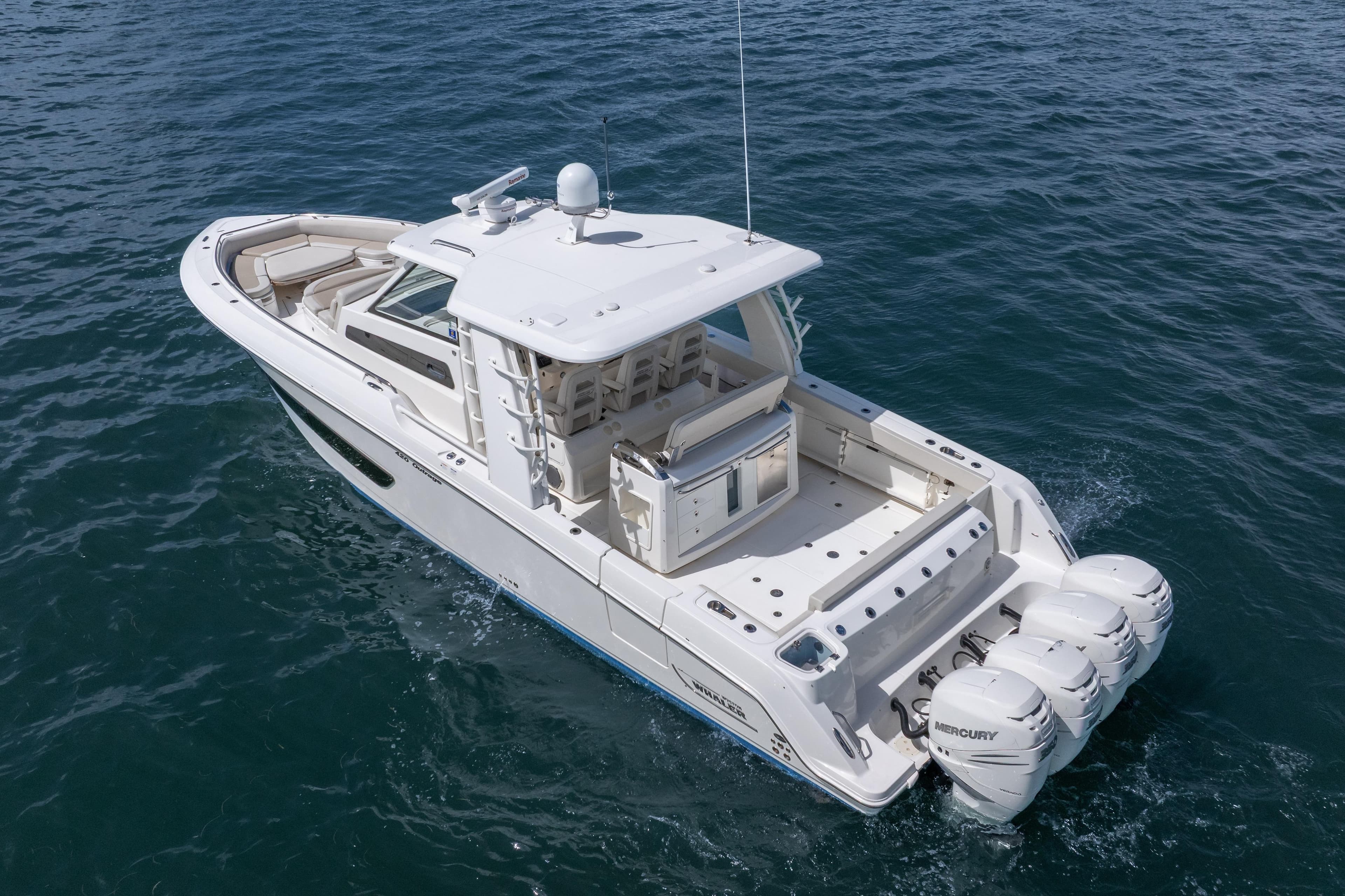 2018 Boston Whaler 420 Outrage boat cruising on open water.