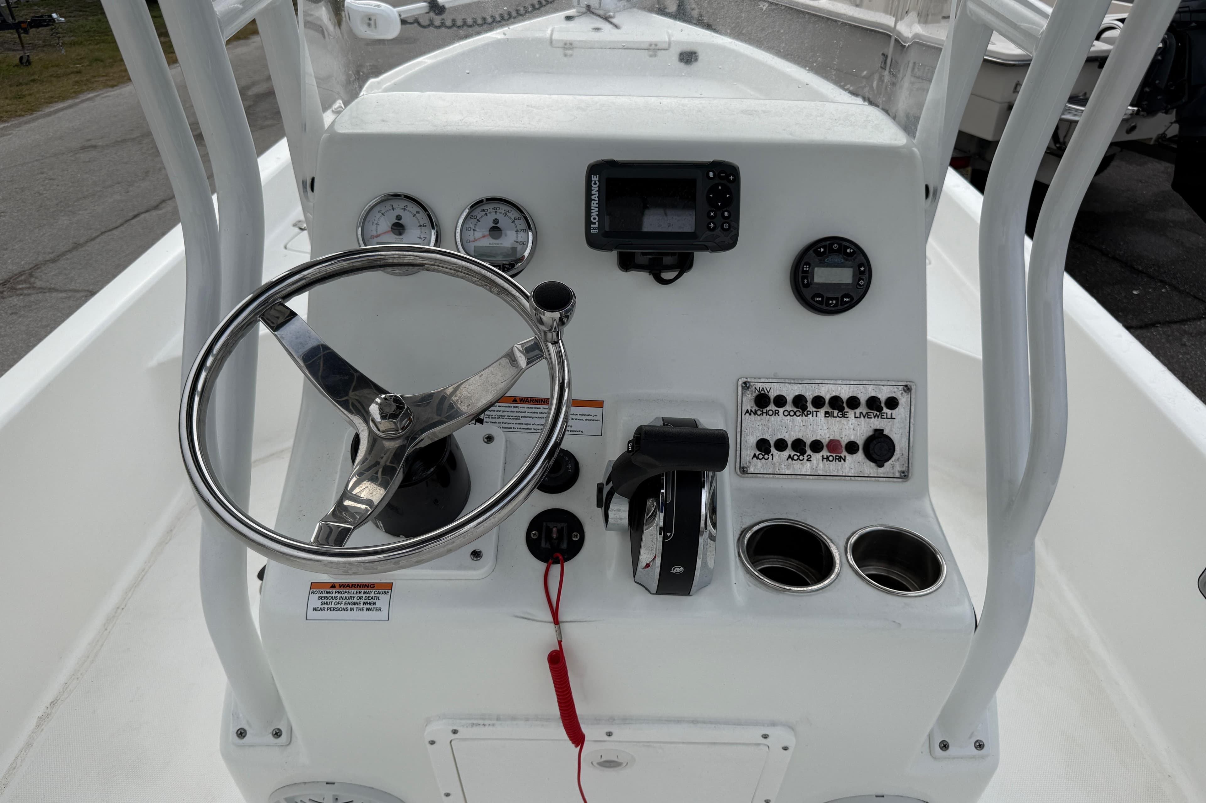2022 Clearwater 2100 Baystar boat console with steering wheel and controls.