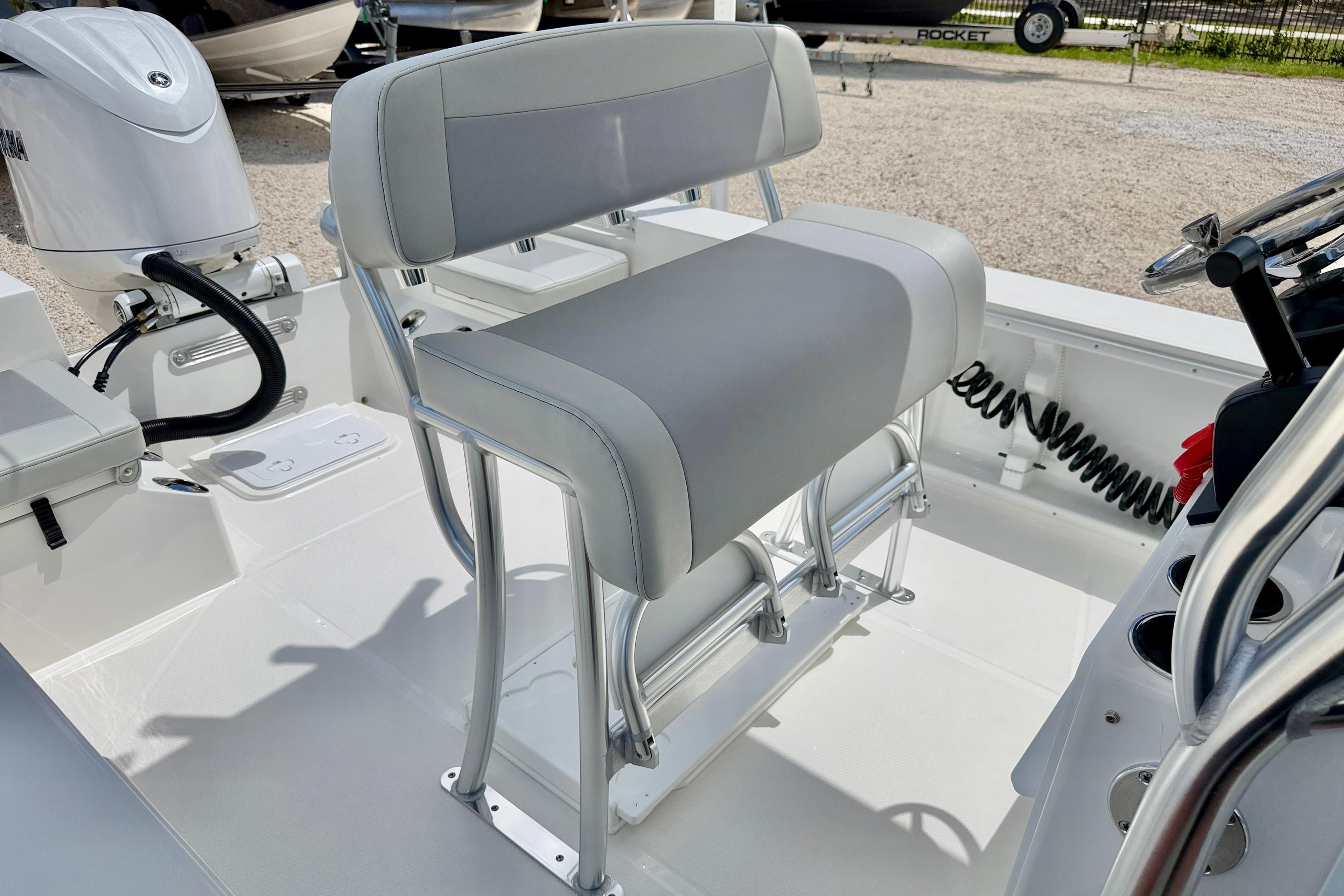 2027 Bay Rider 2260 FS Skiff interior with seating and motor detail.