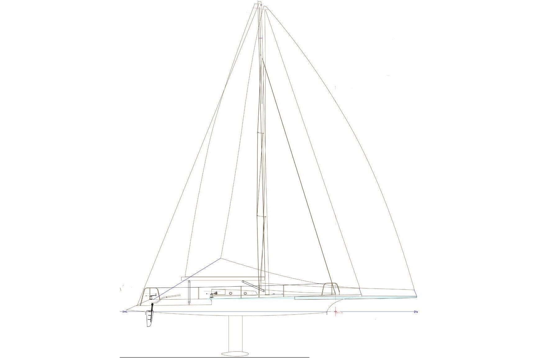 Line drawing of 1991 Corby Spirit of Tradition sailboat, showcasing its classic design.