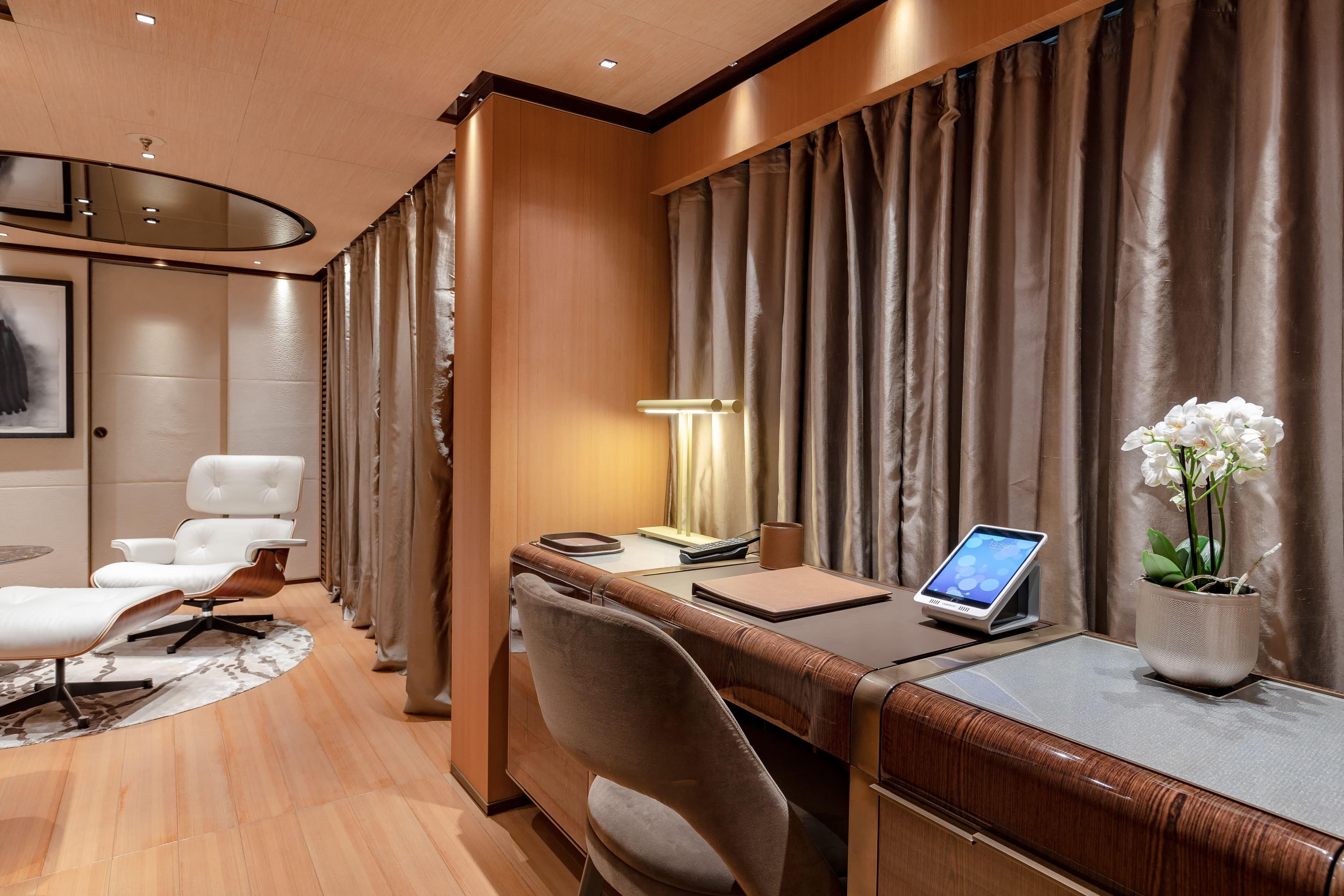 Luxurious interior of 2017 Tankoa S501 yacht with elegant desk and seating area.