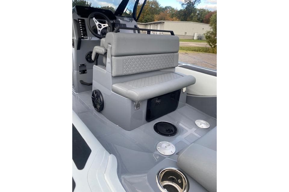 2026 Brig Eagle 8 boat interior with gray seating and modern dashboard.