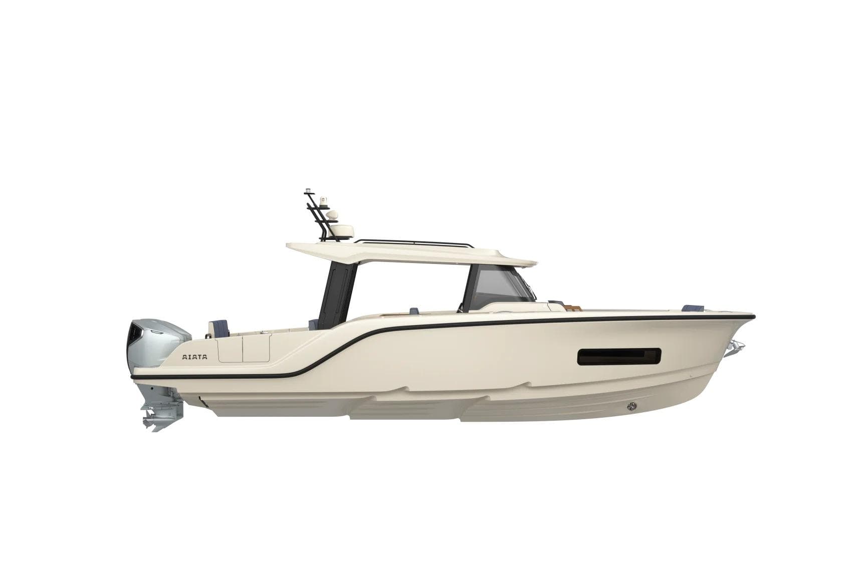 2026 Aiata Sunfinder 38 boat, sleek design, side view, outboard motor, modern features.