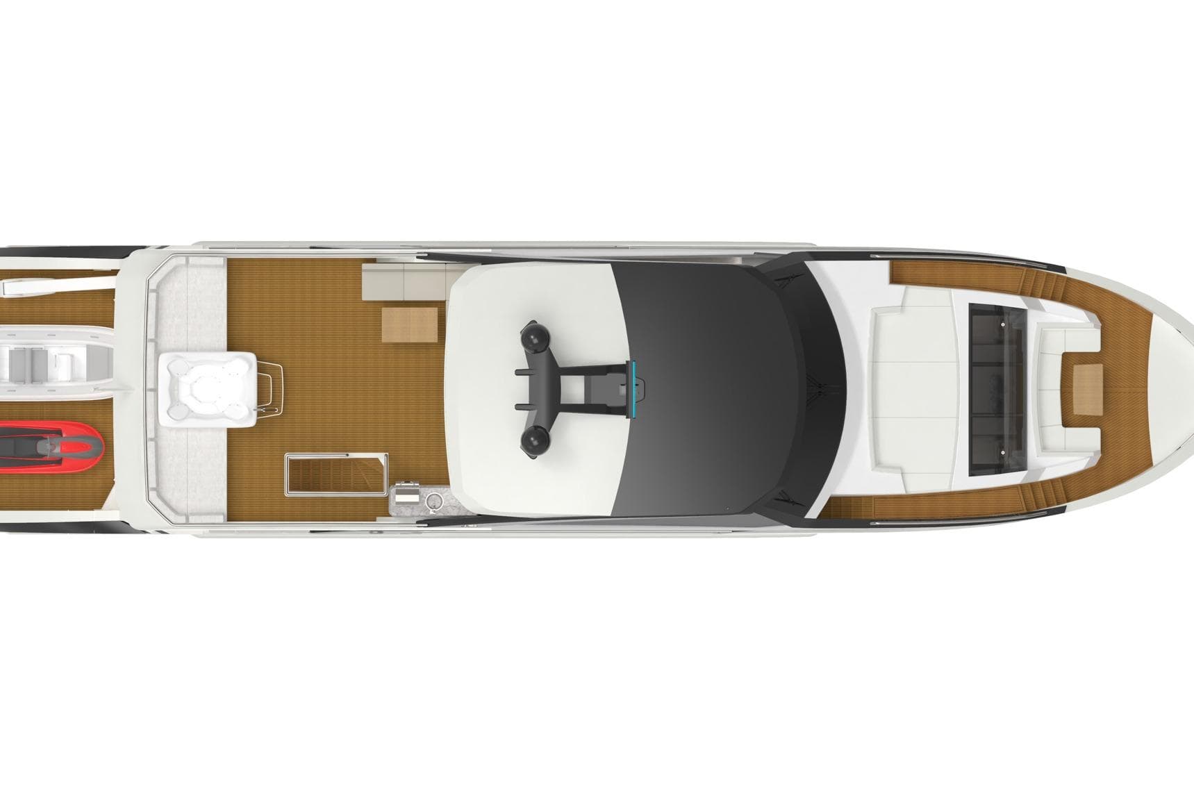 Top view of 2023 Ocean Alexander 28E yacht layout, showcasing deck and seating areas.