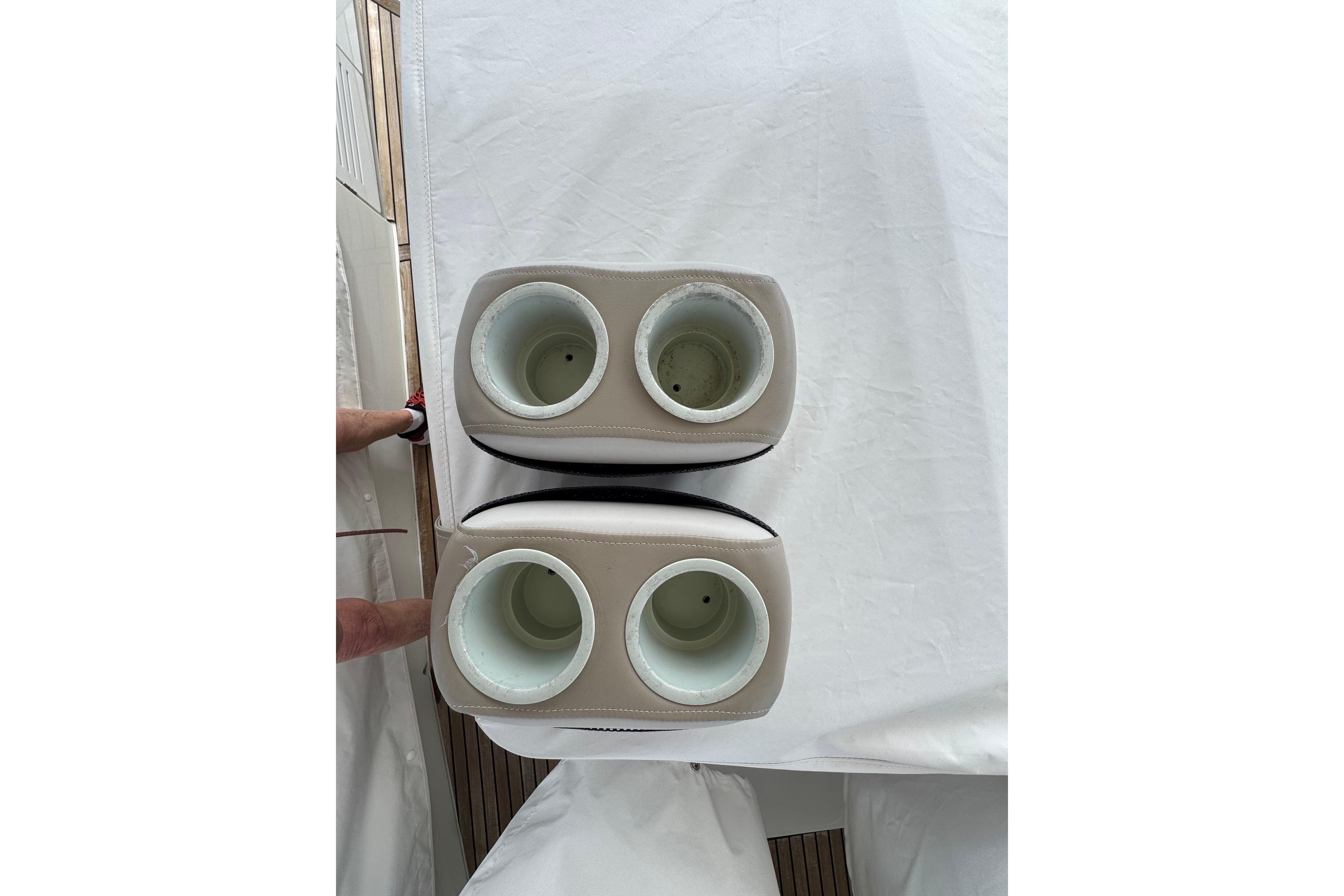 Cup holders on a 2014 Beneteau Swift Trawler 44 boat deck.