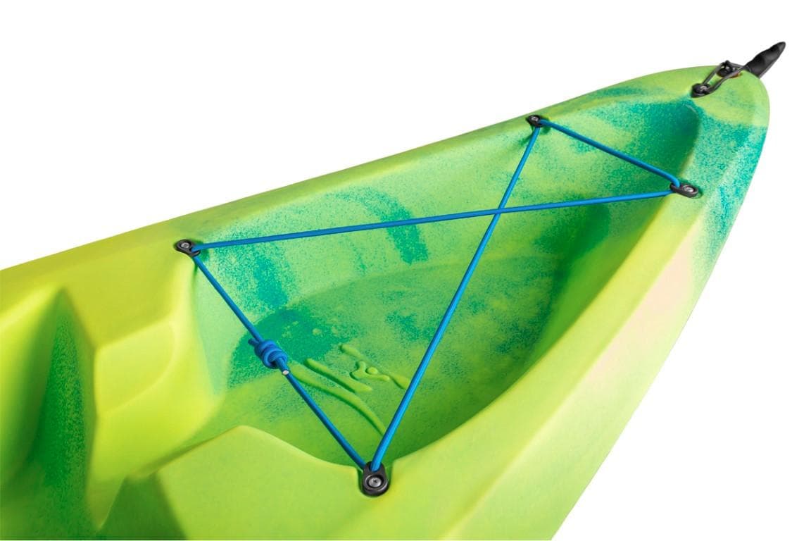 Close-up of Ocean Kayak Malibu 11.5, 2023 model, green with blue bungee cords.
