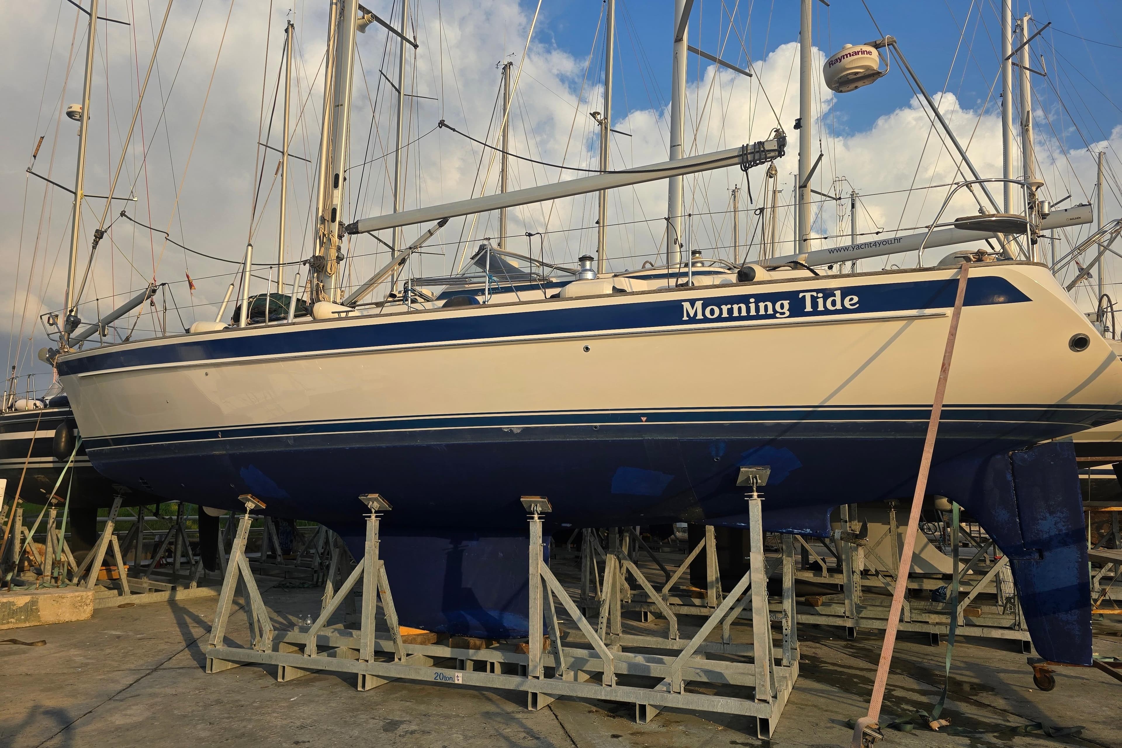 Hallberg-Rassy 43 sailboat "Morning Tide" on stands, 2026 Marina Kastela.