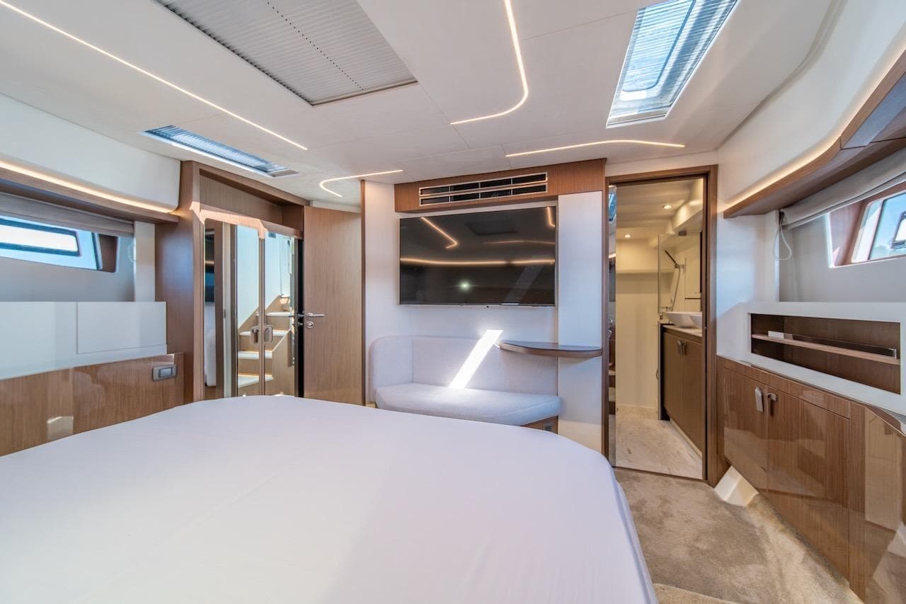 Luxurious interior of 2025 Prestige F4.9 yacht with modern design and elegant furnishings.