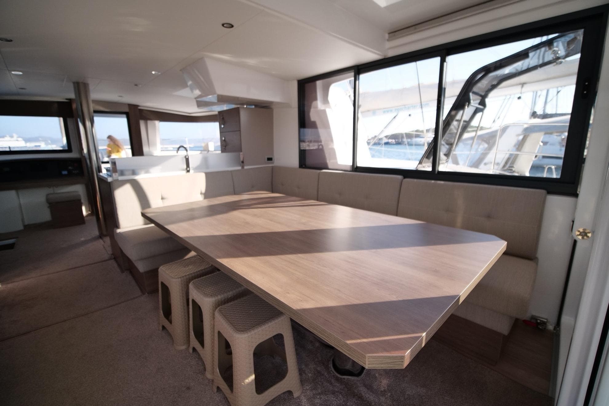 Luxurious interior of 2022 Bali 4.8 yacht with spacious dining area and modern design.