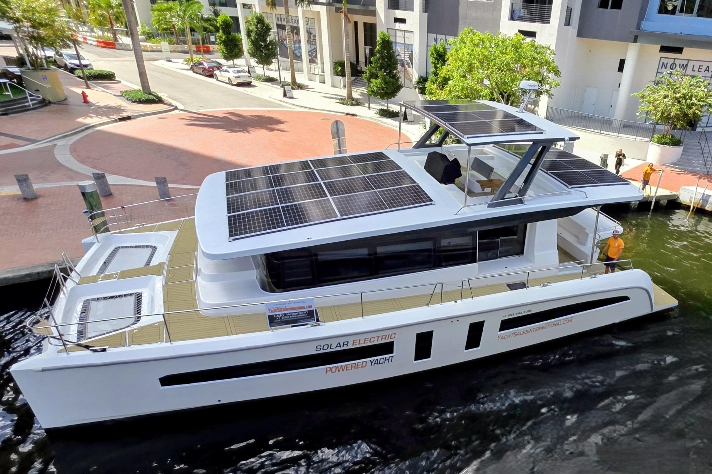 2023 Alva Yachts Ocean Eco 54, solar-powered yacht docked in a marina.
