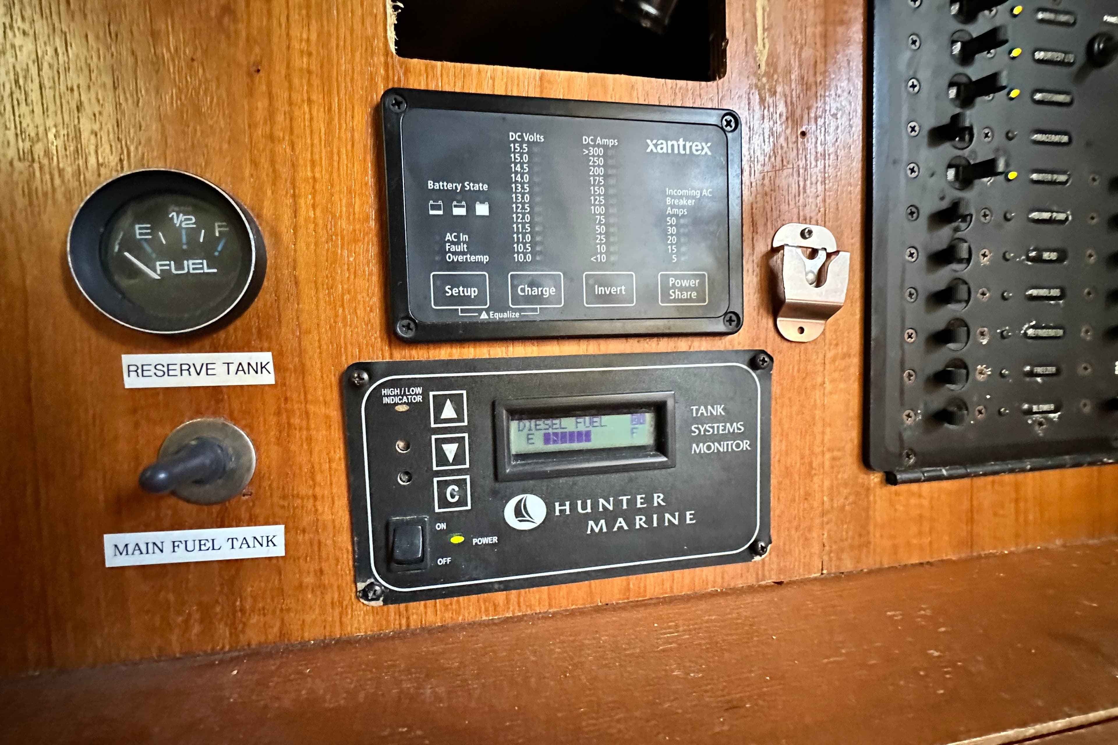 Control panel of a 2005 Hunter 41 AC sailboat with fuel and tank monitors.