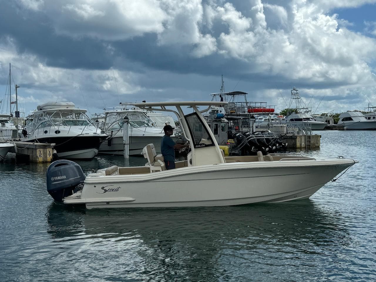 2023 Scout 215 XSF boat in marina, cloudy sky, calm water.