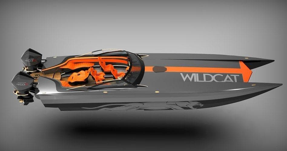 2024 Jaguar 37 Wildcat speedboat with sleek design and orange accents.