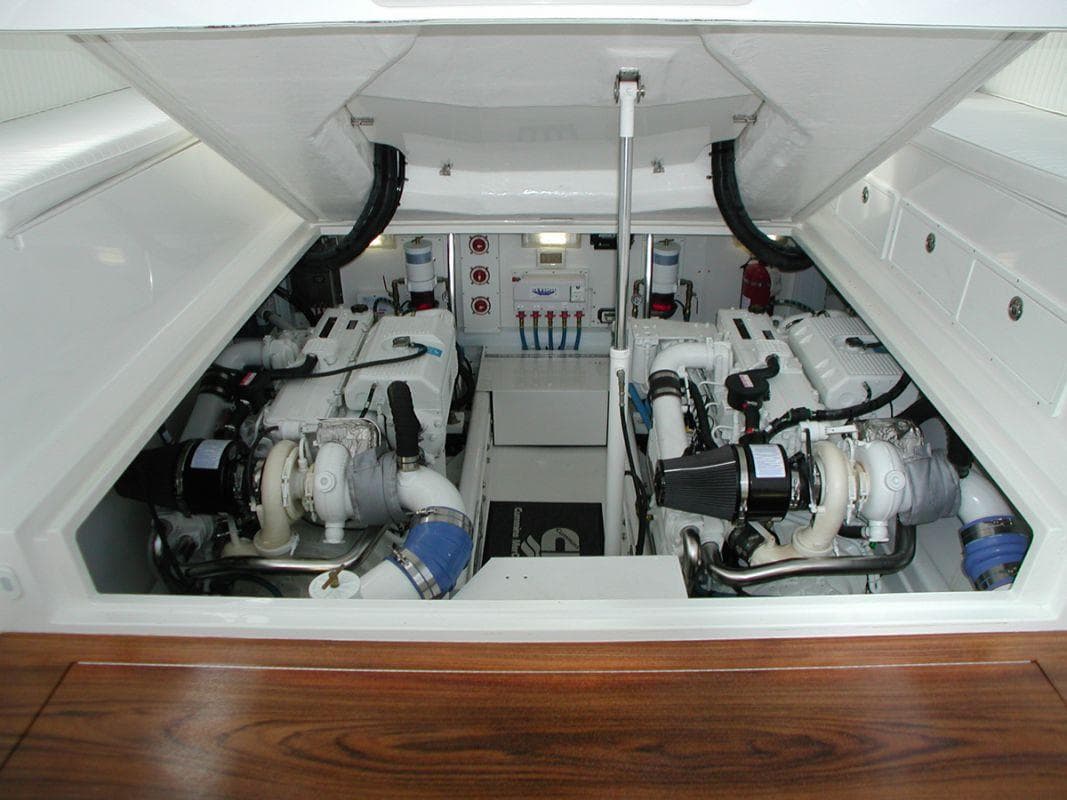 Engine room of 2024 Jersey Cape Devil 36 Custom boat with twin engines.