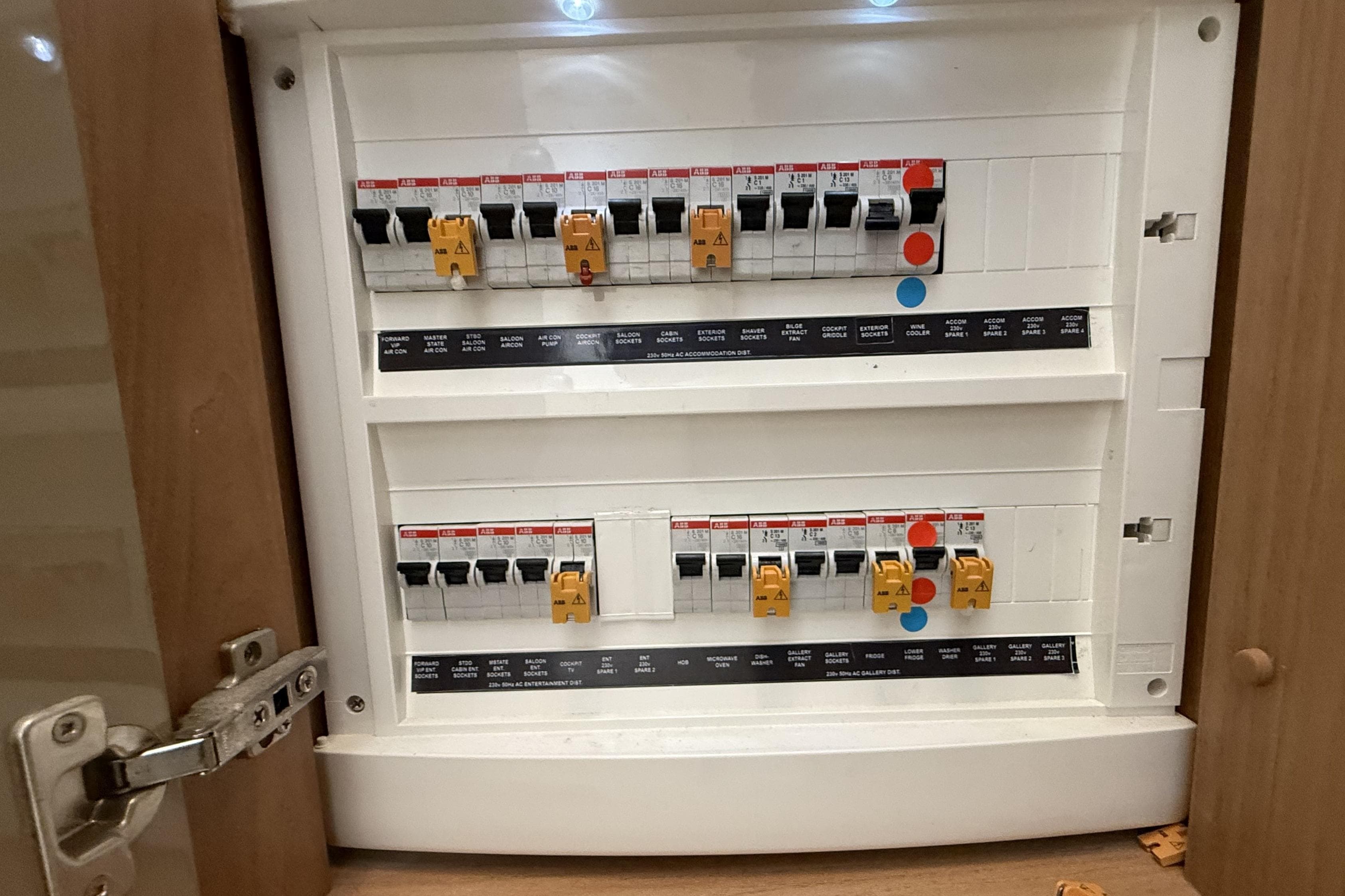 Electrical panel inside a 2012 Sunseeker Predator 60 yacht, showing circuit breakers.