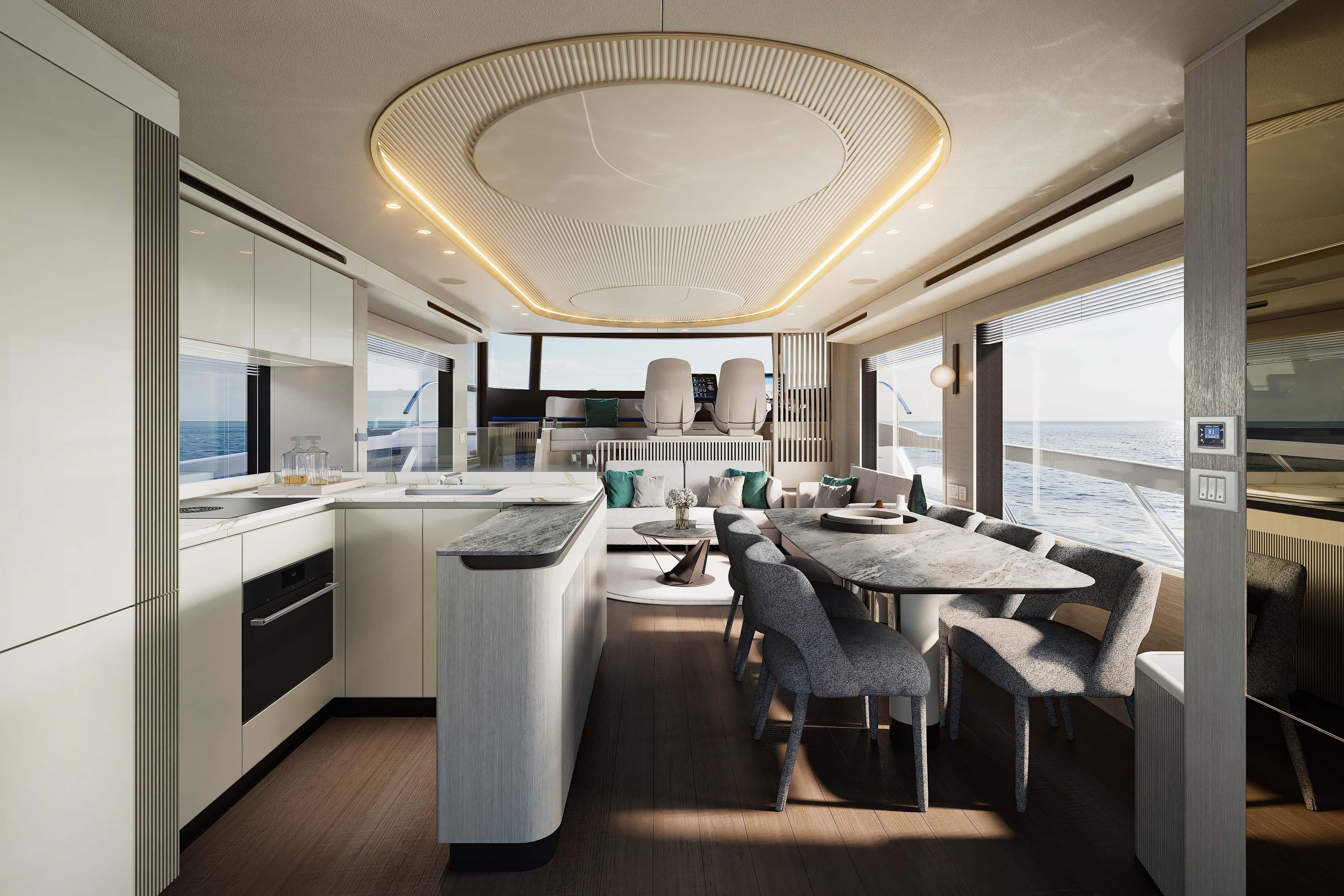 Luxurious interior of 2026 Absolute Navetta 66 yacht with modern kitchen and dining area.