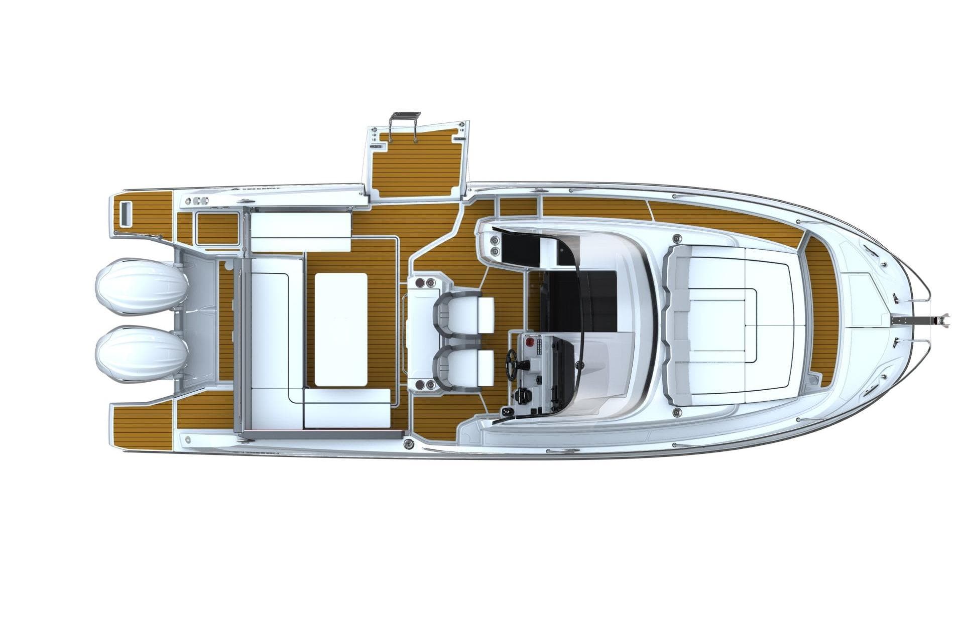 Top view of 2026 Jeanneau Leader 9.0 WA boat layout with twin engines.