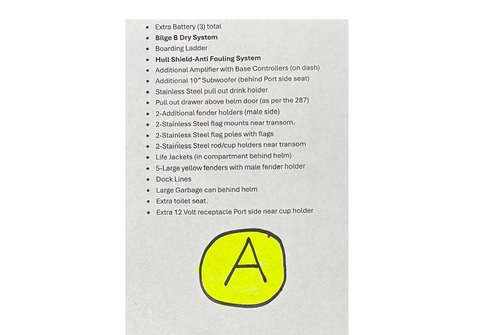2023 Chaparral 267 SSX features list with highlighted "A" in yellow circle.