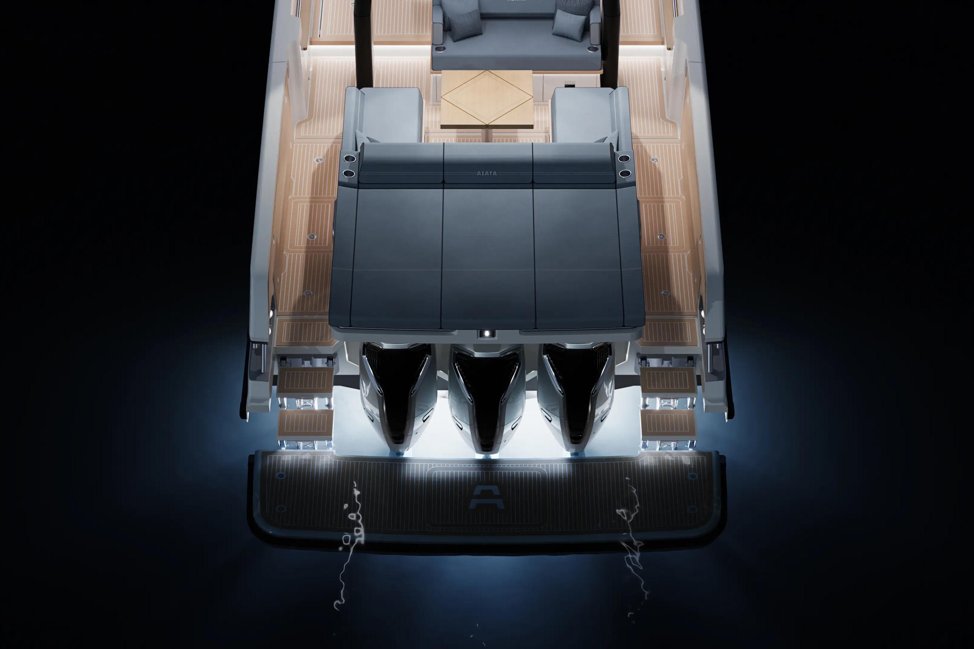 2026 Aiata Sunfinder 50 yacht, illuminated deck, sleek design, powerful engines, luxury boating.