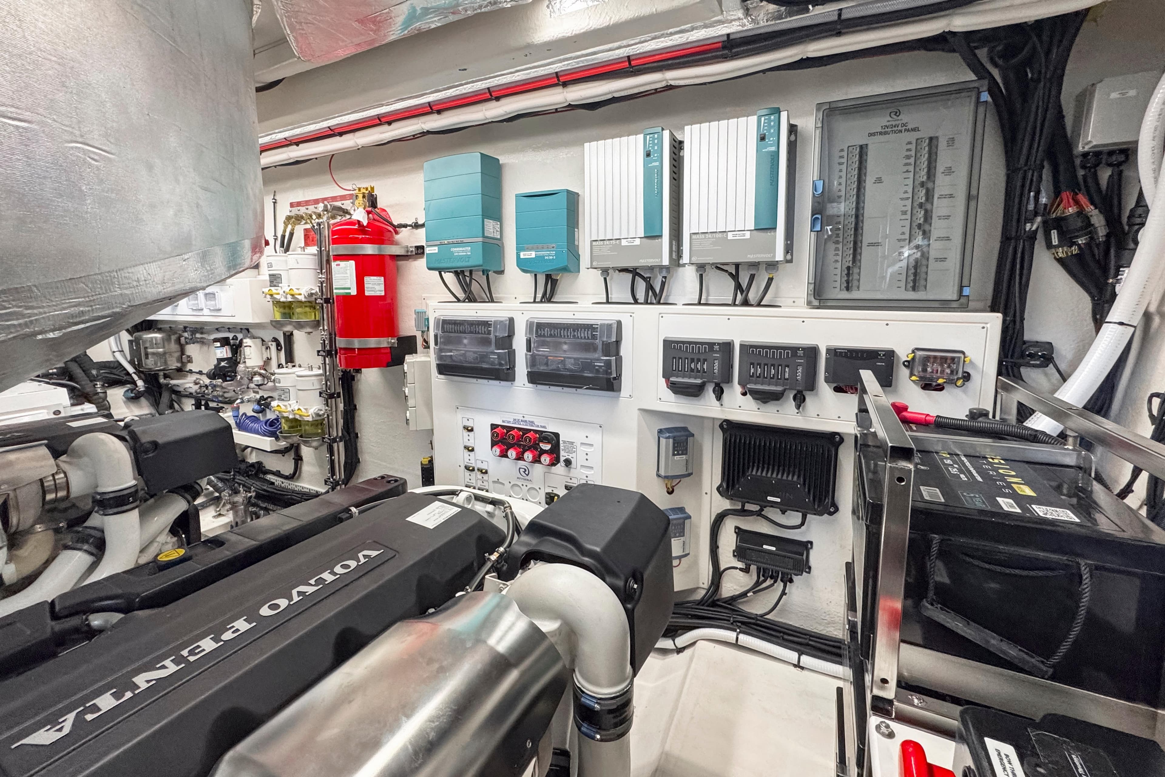 Engine room of 2026 Riviera 5600 Sport Yacht Platinum Edition with Volvo Penta components.