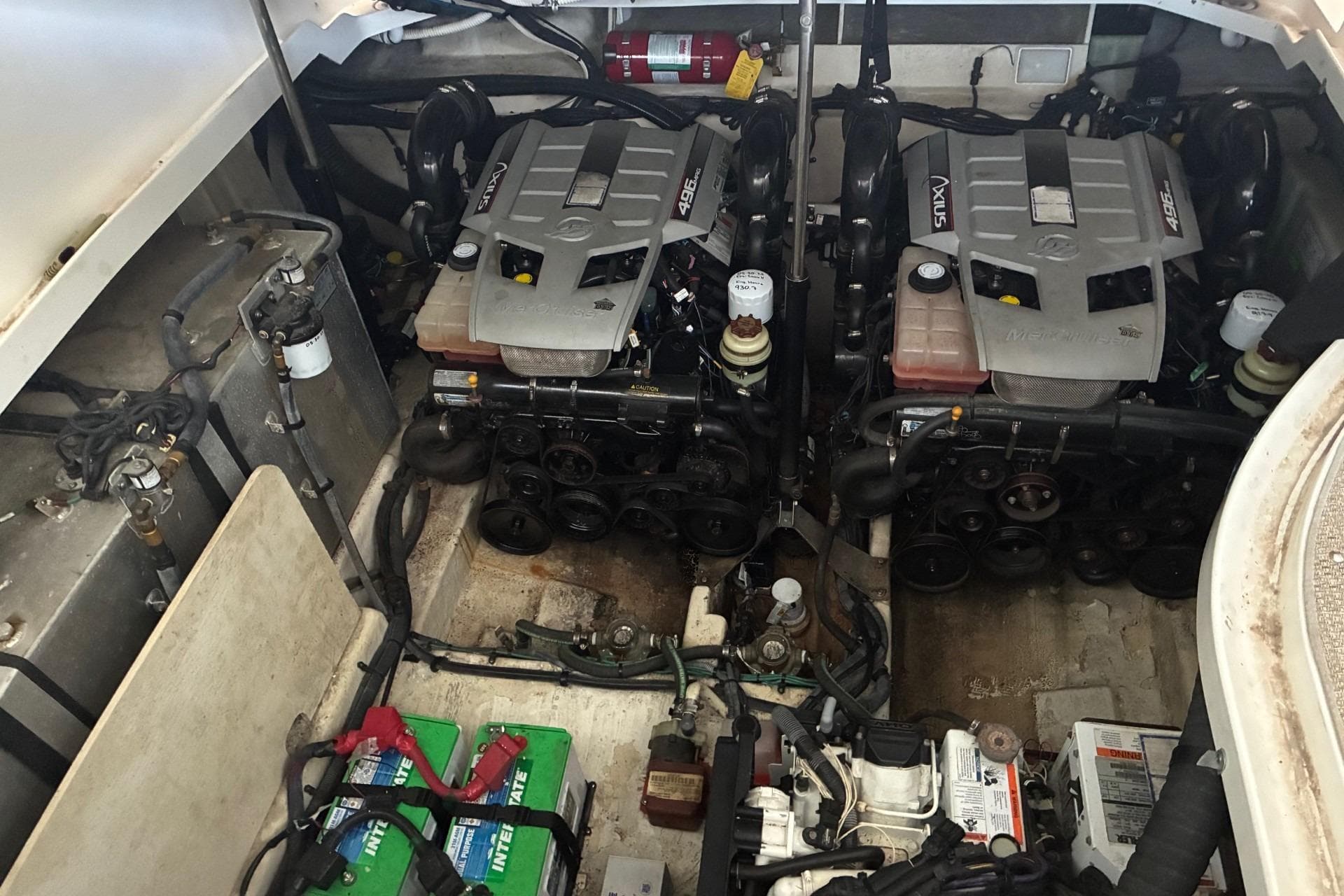Engine room of a 2010 Sea Ray 350 Sundancer with twin MerCruiser engines.