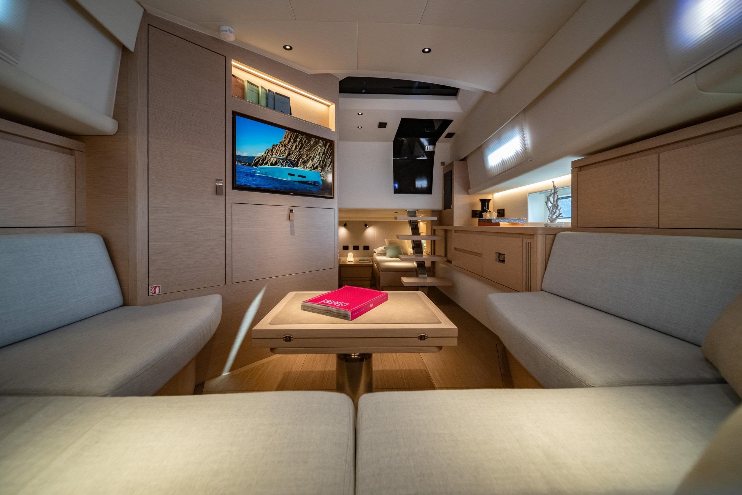 Luxurious interior of 2026 Pardo Yachts P43, featuring modern design and comfortable seating.
