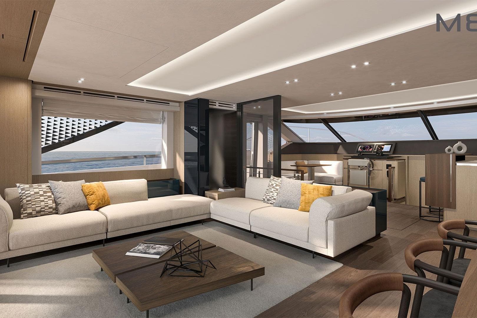 Luxurious interior of 2026 Prestige M8 yacht with modern furnishings and ocean view.