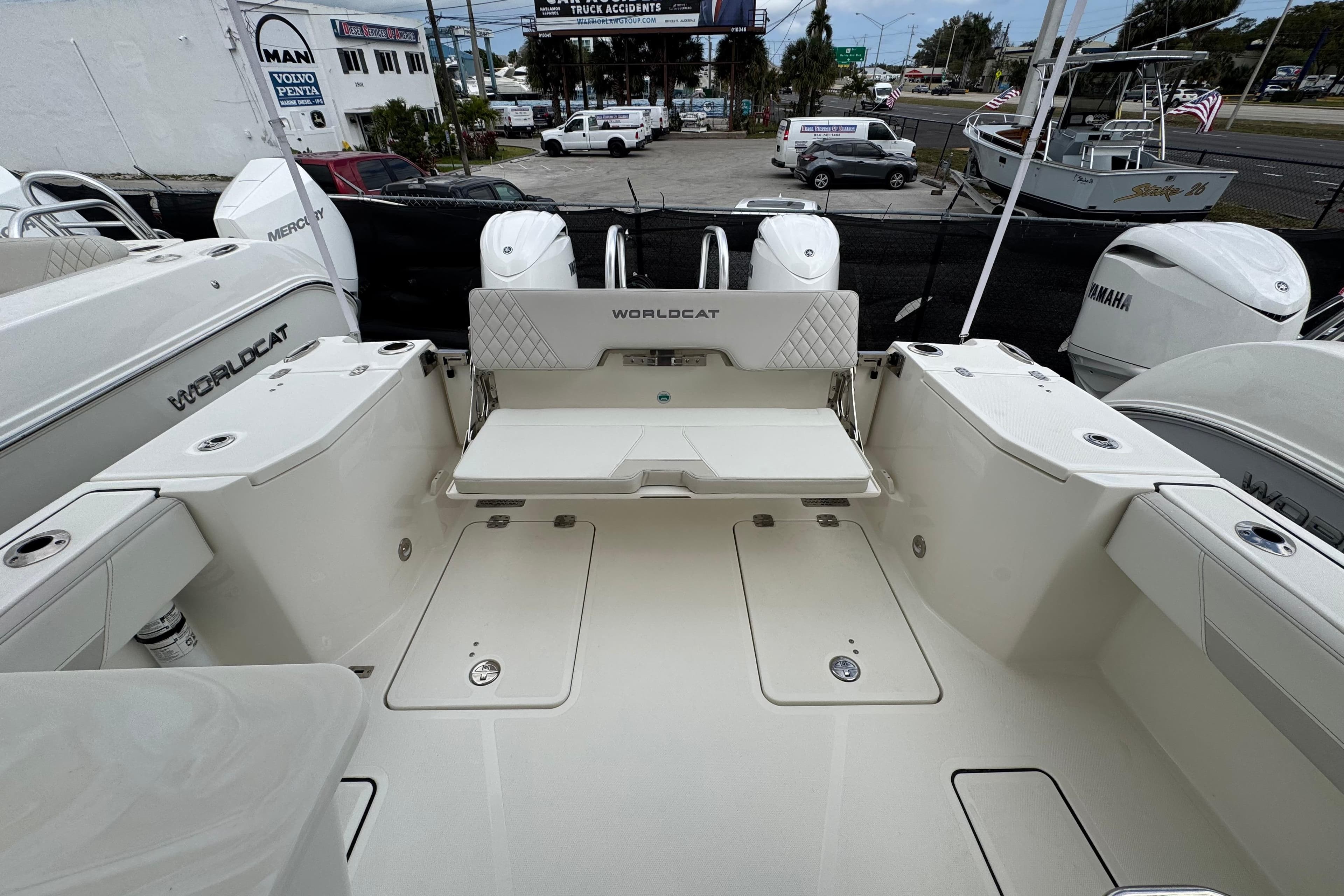2024 World Cat 260 DC-X boat interior with seating and storage compartments.