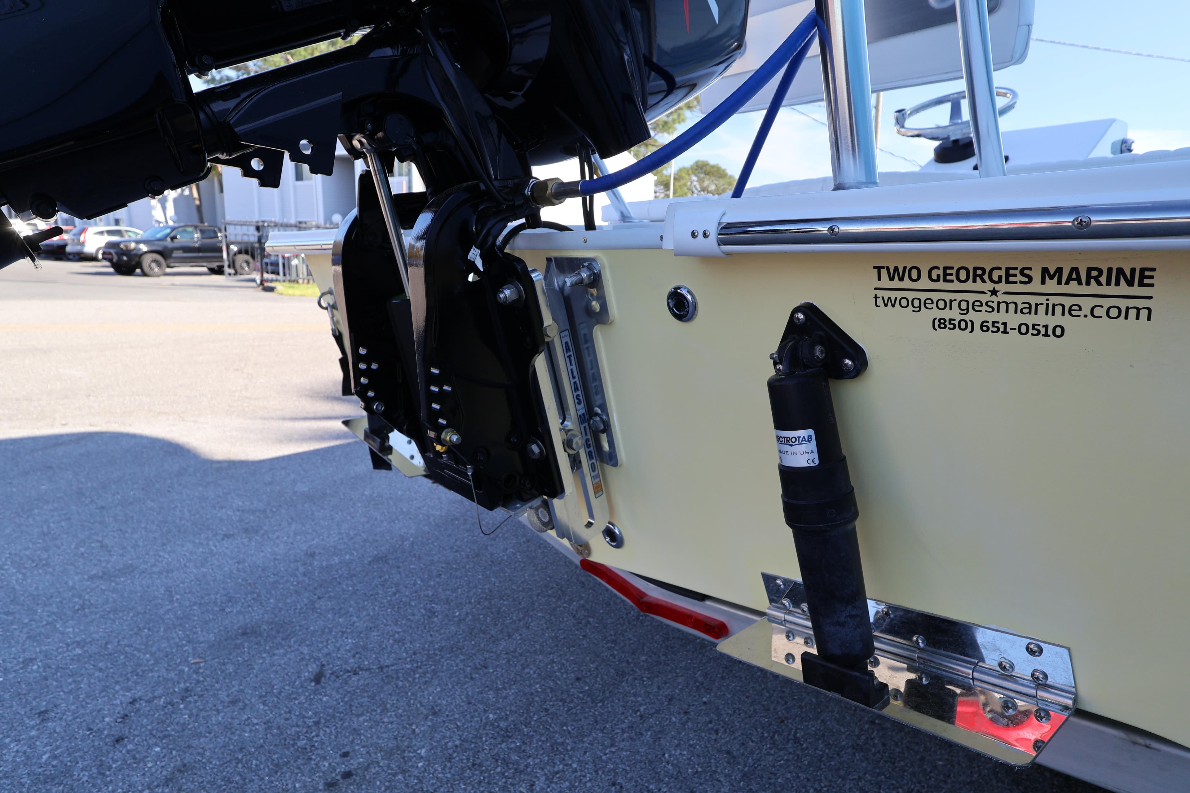Rear view of 2026 Mitzi Skiffs 17 Tournament boat at Two Georges Marine.