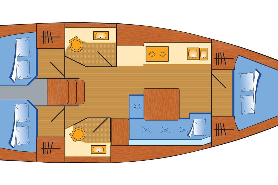 Floor plan of 2017 Dufour 382 Grand Large yacht, featuring cabins, bathrooms, and kitchen layout.