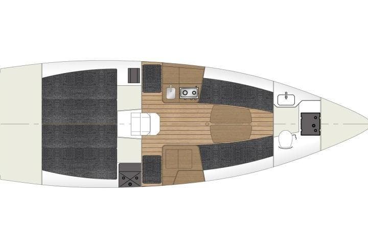 2024 Jeanneau Sun Fast 3300 interior layout with seating, kitchen, and bathroom areas.