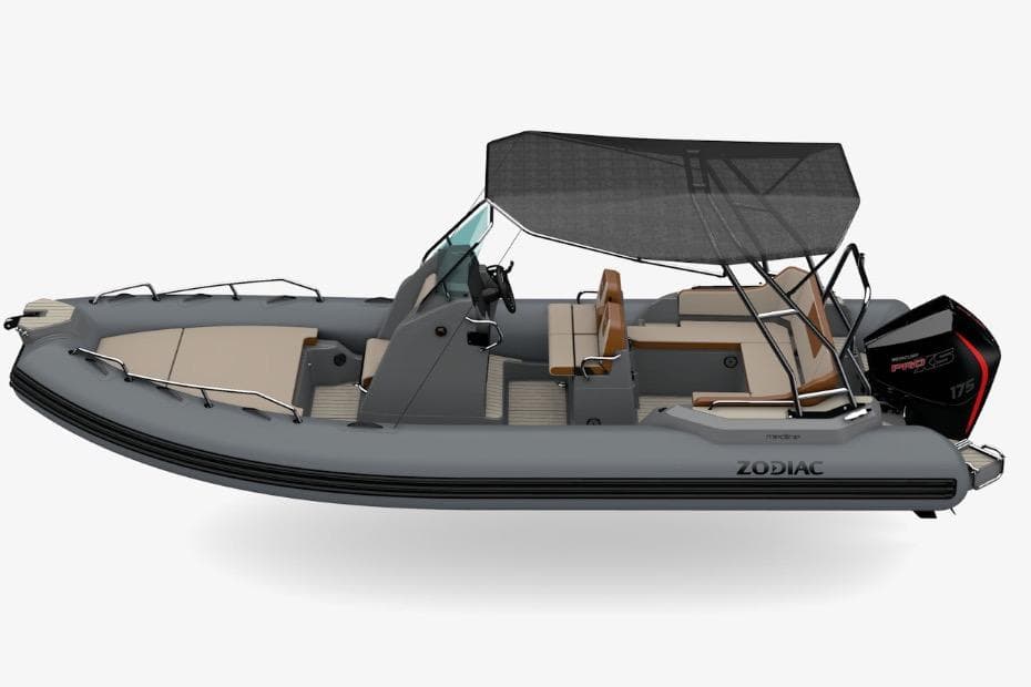2026 Zodiac Medline 6.8 boat with canopy, sleek design, and powerful outboard motor.