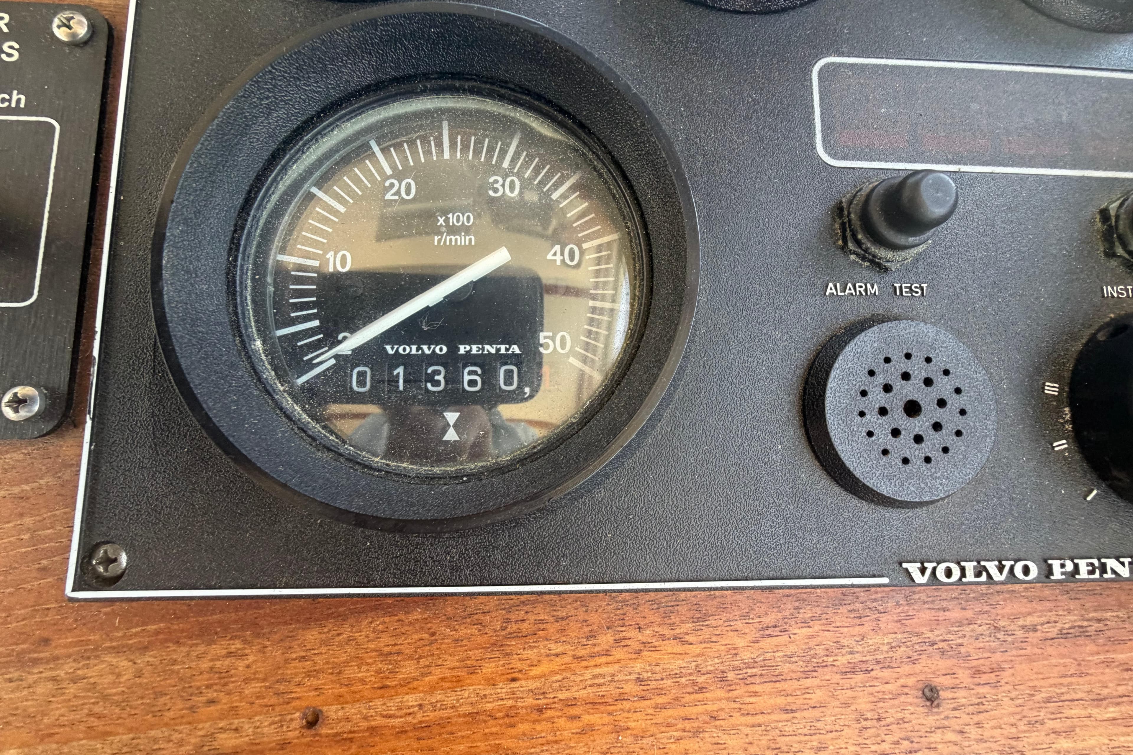 Volvo Penta gauge on 1990 Cape Dory 28 Flybridge, showing 1360 hours.