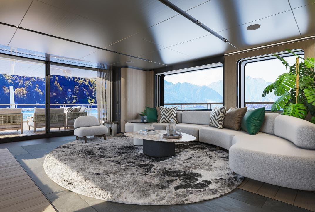 Luxurious 2026 Custom Sirena yacht interior with modern decor, large windows, and scenic ocean views.