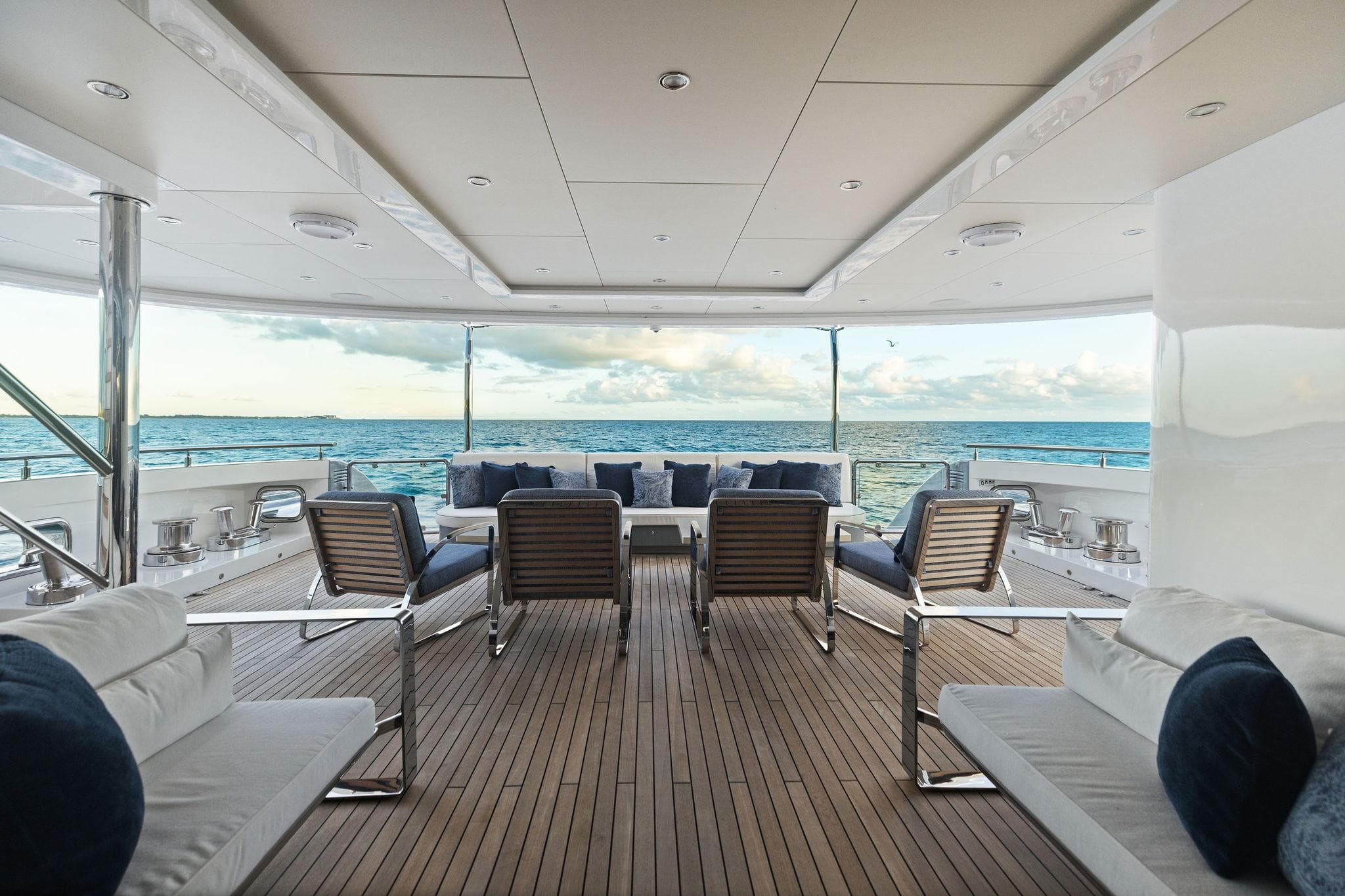 Luxurious Bilgin 156 yacht deck with ocean view, featuring elegant seating, 2019 model.