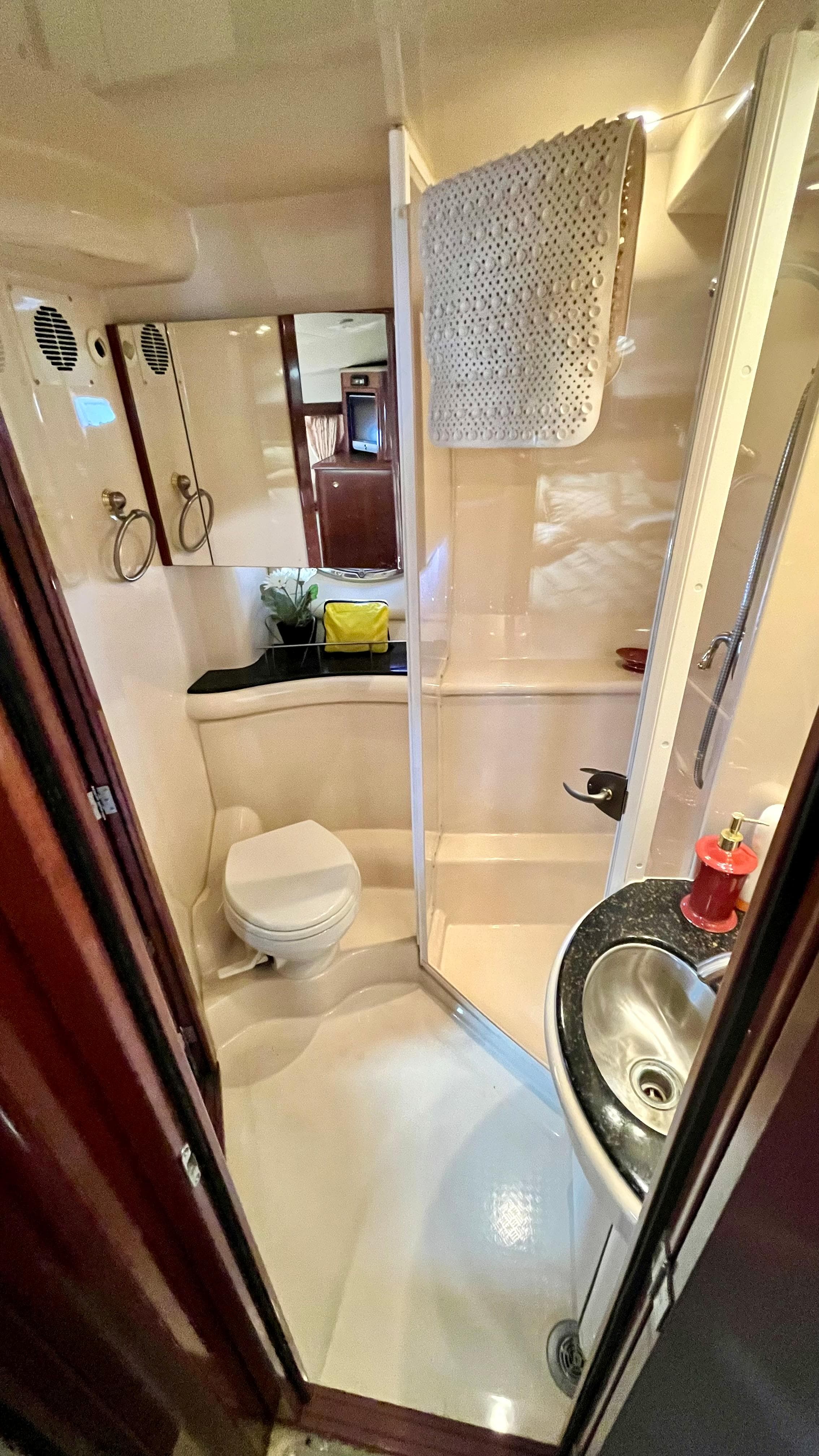 2008 Meridian 459 Motoryacht bathroom with shower, sink, and toilet.